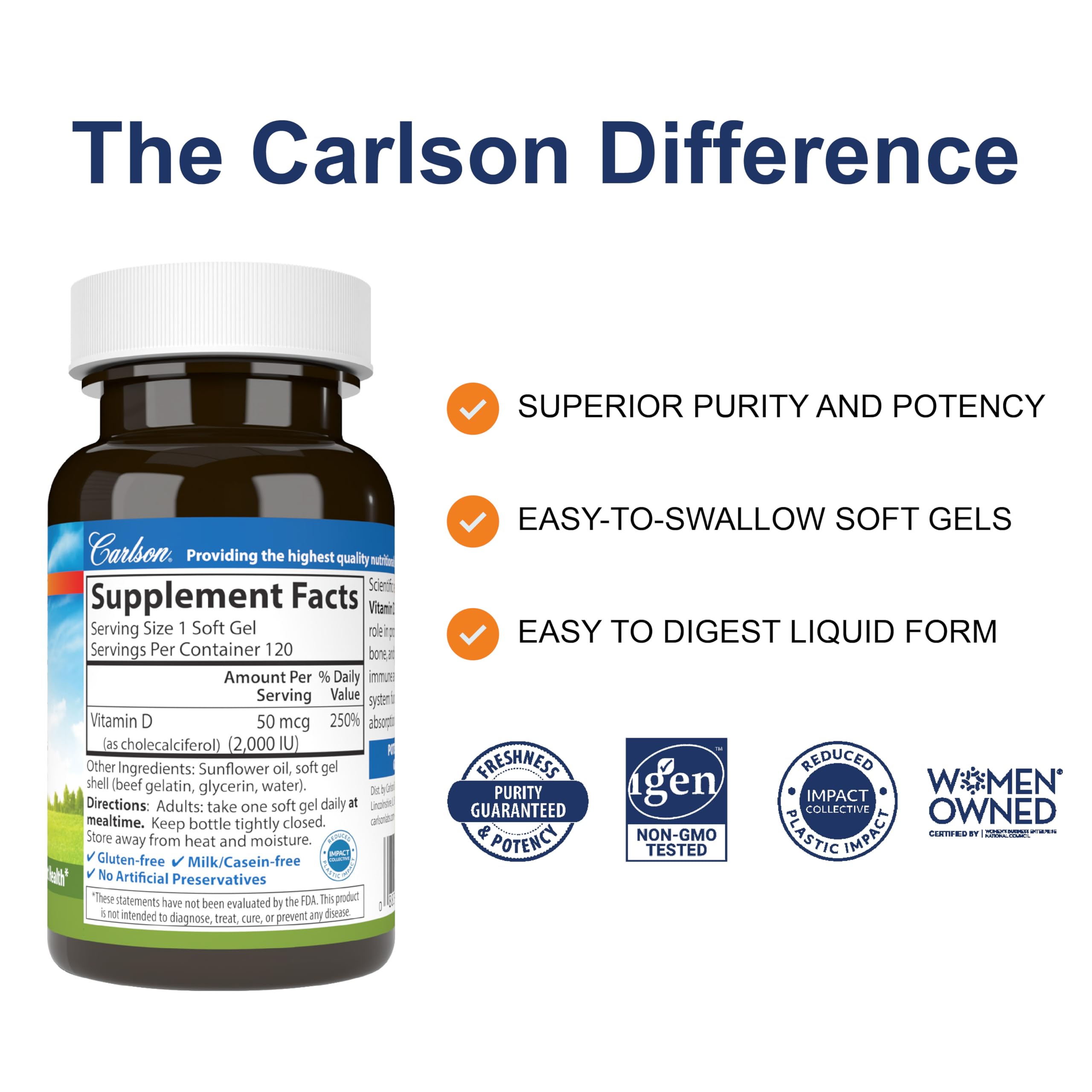 Carlson Vitamine D 2000 UI – étiquette claire sur l'emballage pour une prise quotidienne.