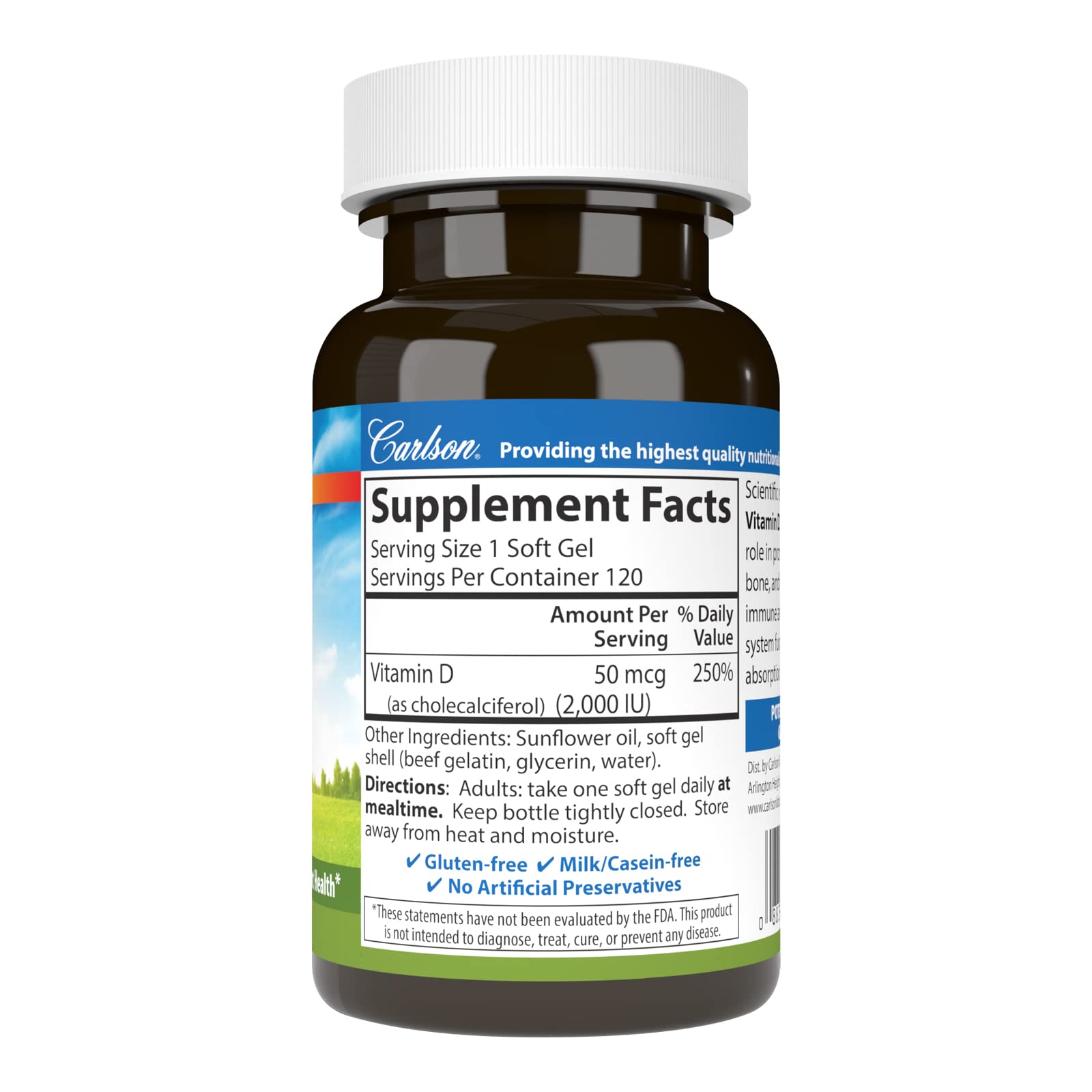 Carlson vitamine D3 2000 UI – capsules molles faciles à avaler pour la routine.