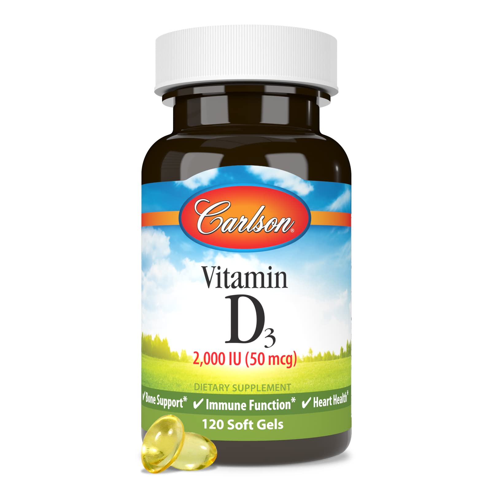 Carlson vitamine D3 2000 UI – flacon pratique de 120 gélules.