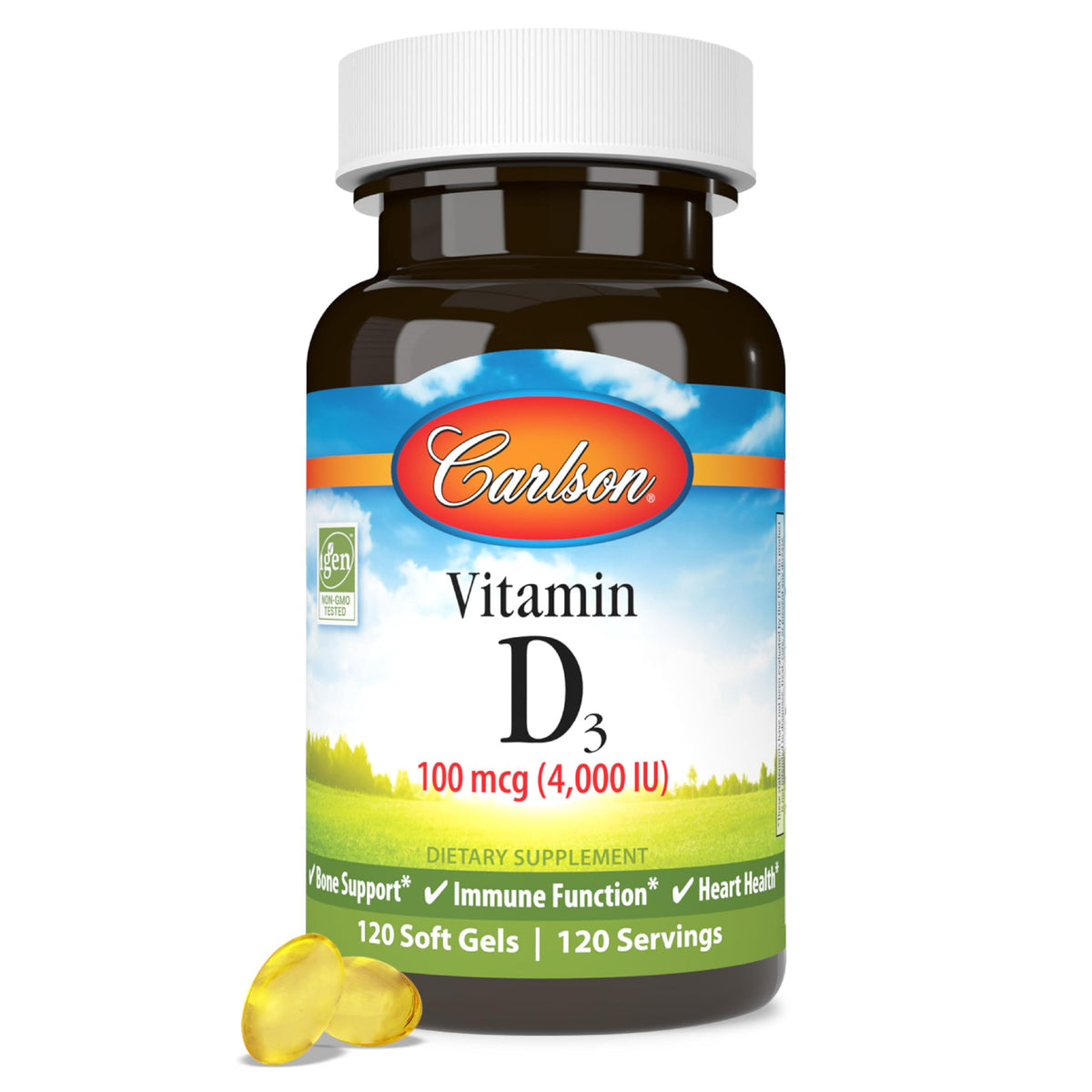 Carlson vitamine D3 4000 UI – bouteille sur fond neutre, soutien potentiel des os.