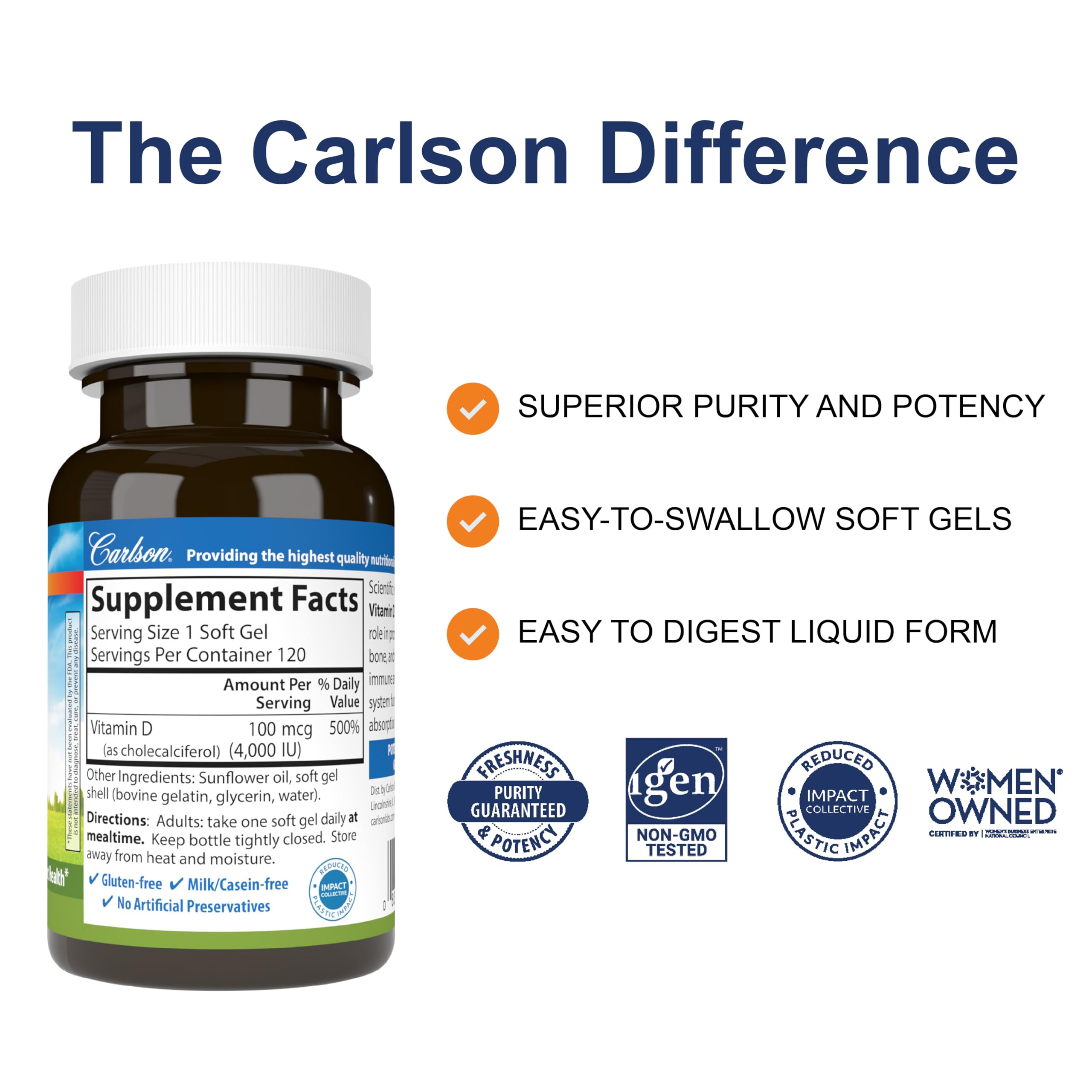 Carlson vitamine D3 4000 UI – capsules molles visibles, prise quotidienne pratique.