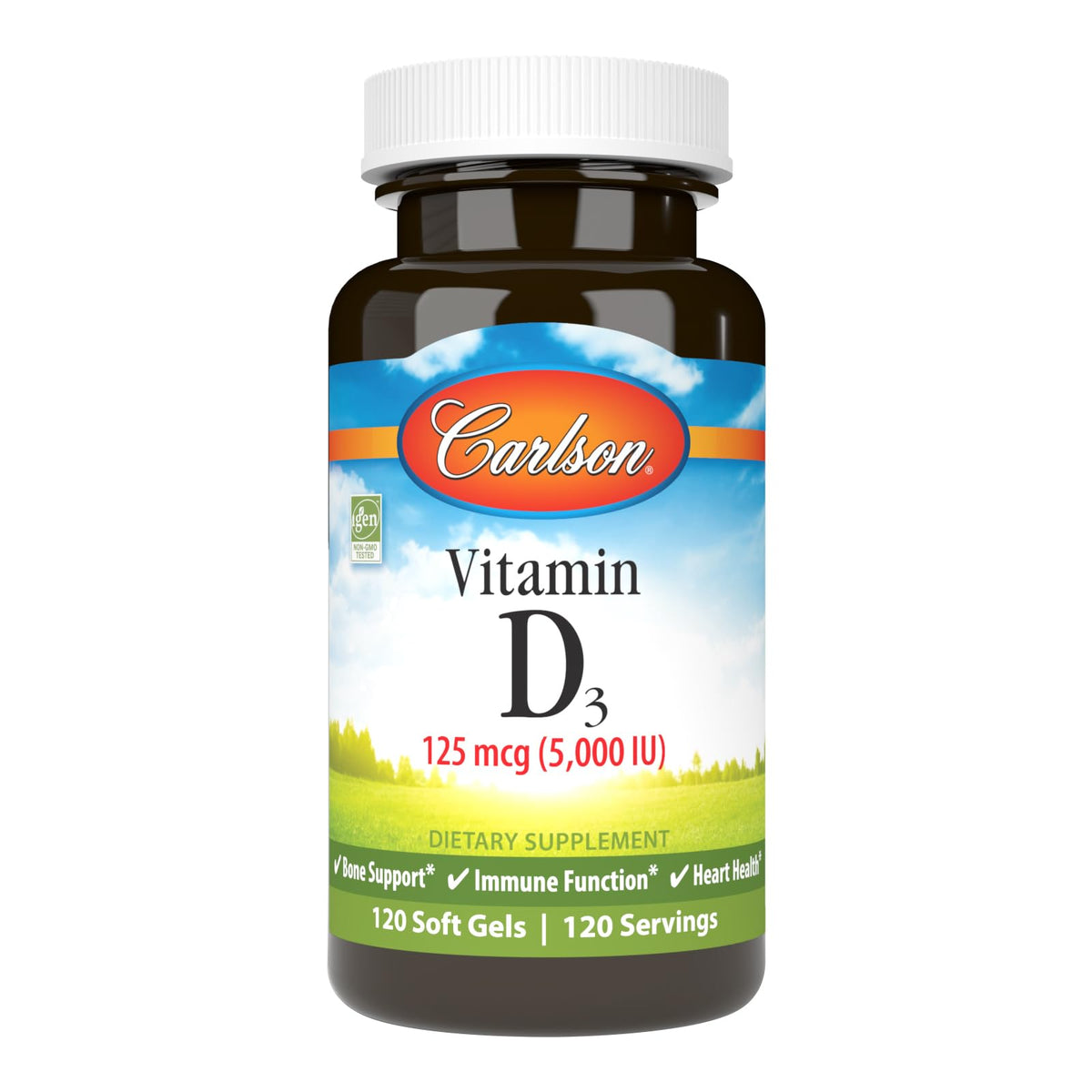Carlson Vitamine D3 5000 UI – bouteille de gélules, soutien éventuel des os