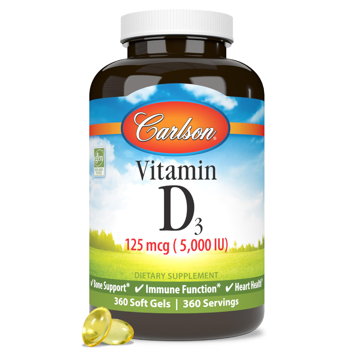 Carlson vitamine D3 5000 UI – flacon et gélules, soutien potentiel des os et du métabolisme du calcium.