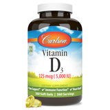 Carlson vitamine D3 5000 UI – flacon et gélules, soutien potentiel des os et du métabolisme du calcium.