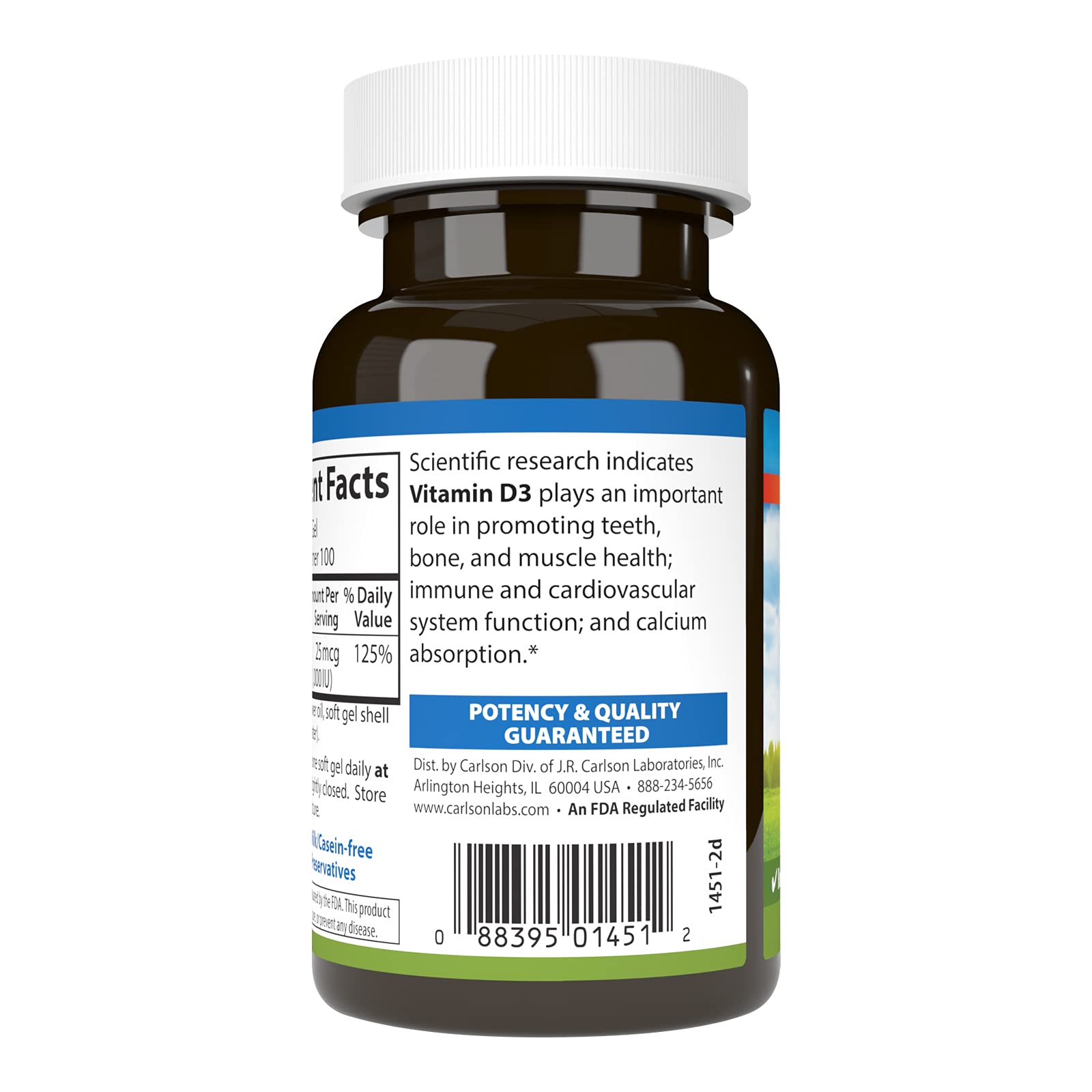 Carlson Vitamine D3, étiquette dosage 1000 UI, facilité d'utilisation.