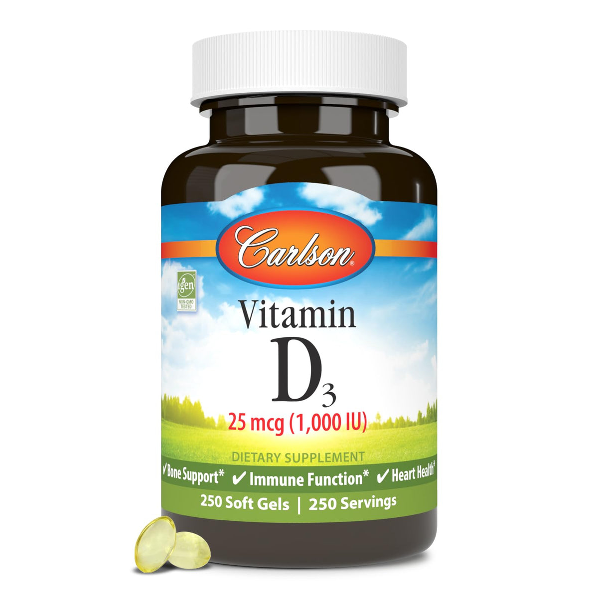Carlson vitamine D3, bouteille, soutien osseux et énergie quotidienne.