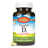 Carlson vitamine D3, bouteille, soutien osseux et énergie quotidienne.