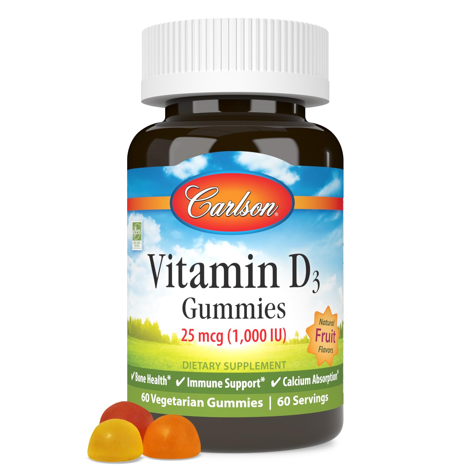 Carlson Vitamin D3 Gummies – bouteille prête à l'emploi pour un apport quotidien pratique.