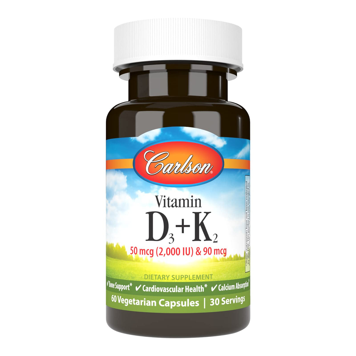 Carlson vitamine D3 K2, bouteille de capsules, soutien potentiel pour des os solides