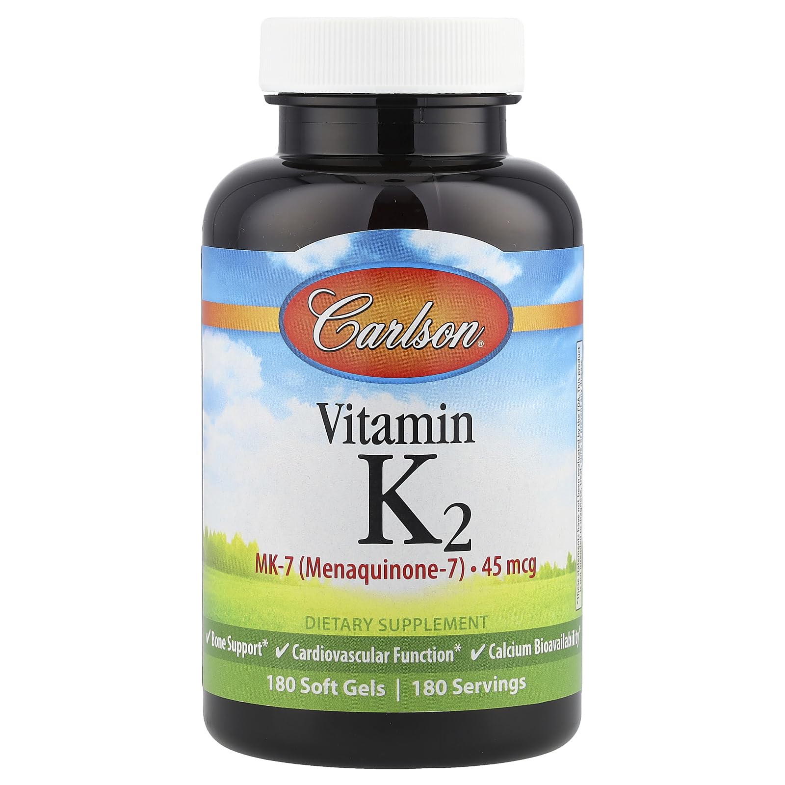 Carlson Vitamine K2-7 flacon: soutien potentiel pour santé cardiovasculaire et osseuse.