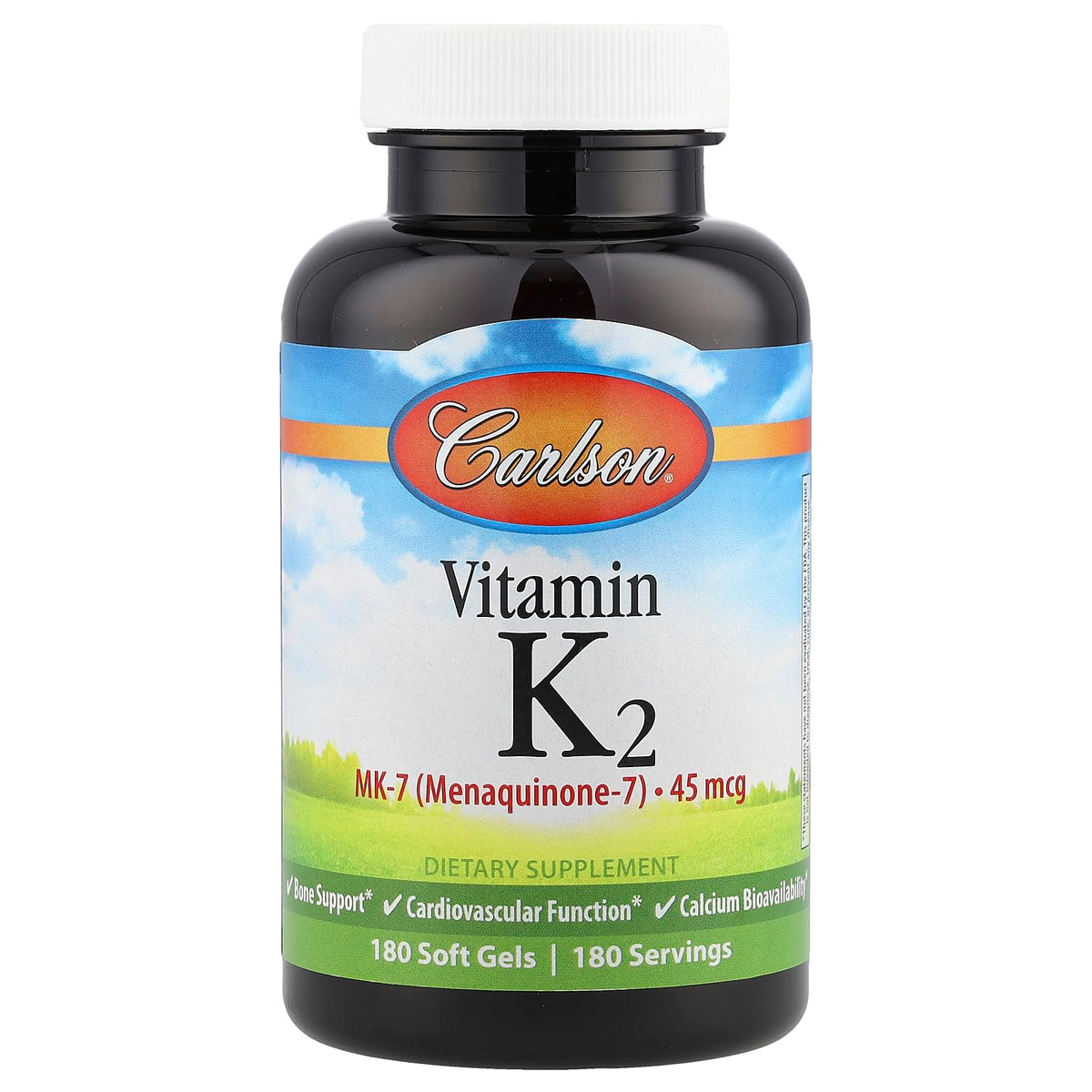 Carlson Vitamine K2-7 flacon: soutien potentiel pour santé cardiovasculaire et osseuse.