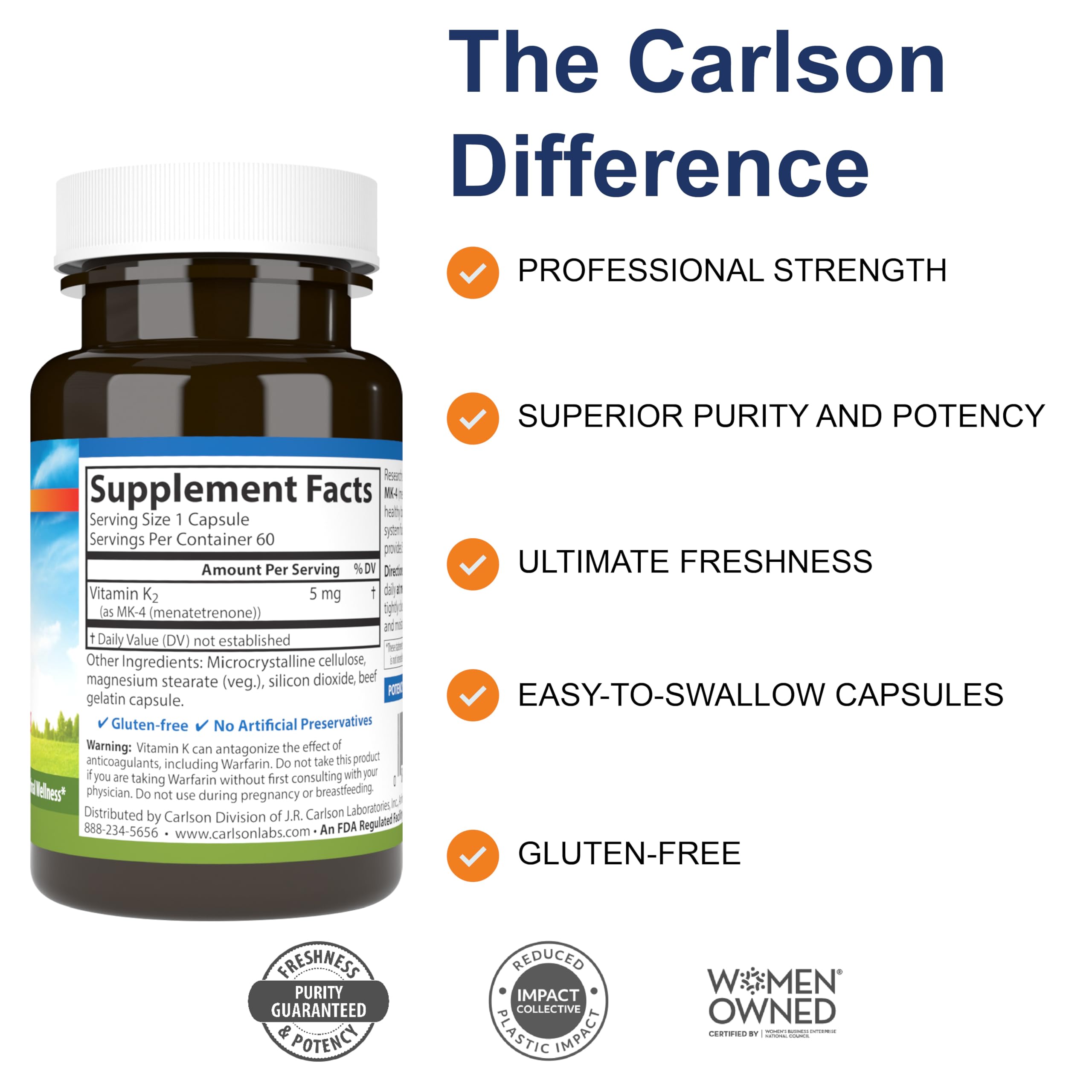 Carlson K2 MK-4 – capsules blanches, prise facile, soutien potentiel pour la santé cardiaque.