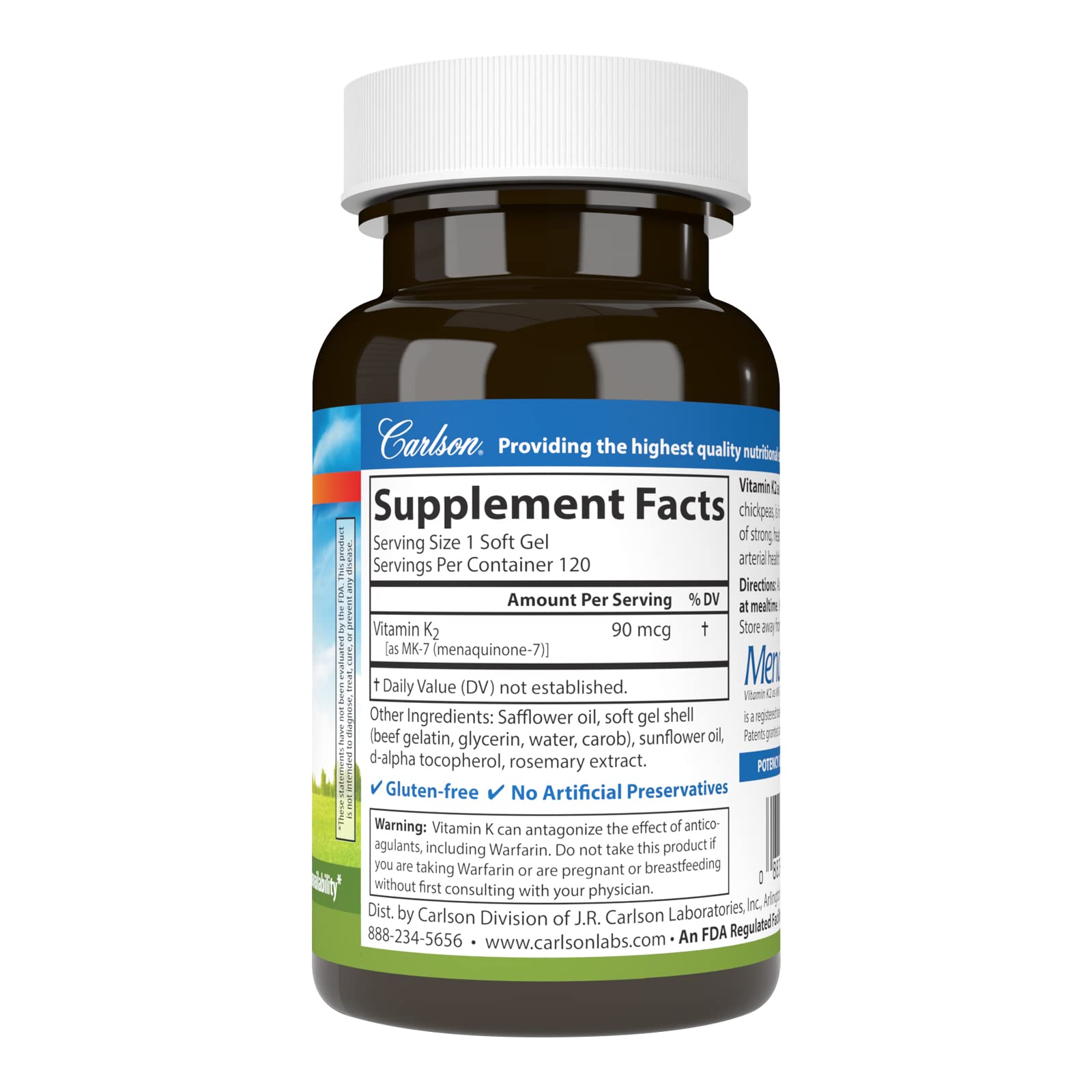 Carlson Vitamine K2 MK-7 90 µg, gélules molles pour une prise facile.