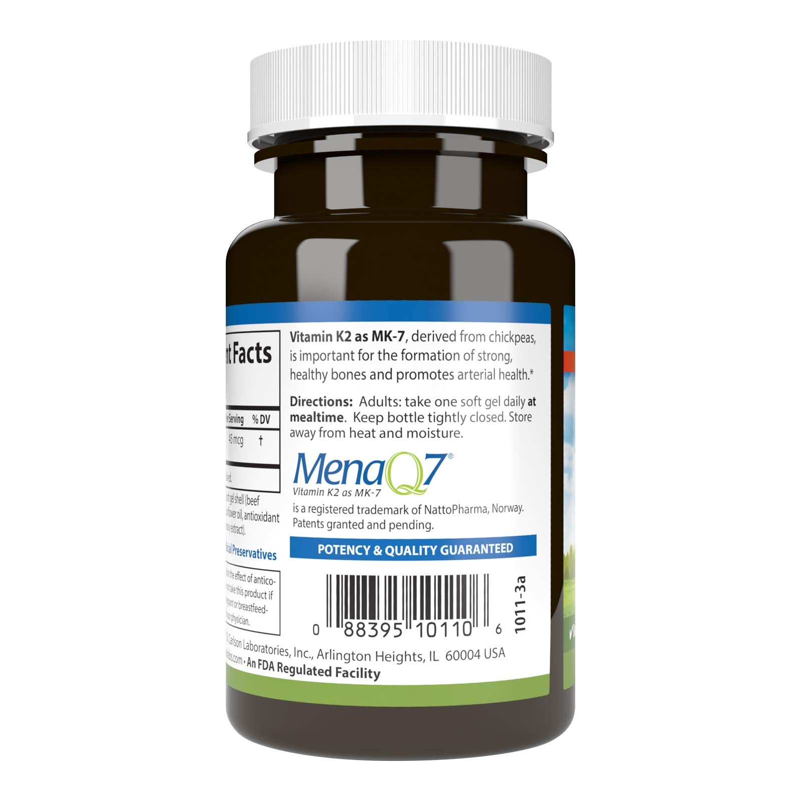 Carlson vitamine K2 MK7, étiquette lisible indiquant dose et informations de qualité.