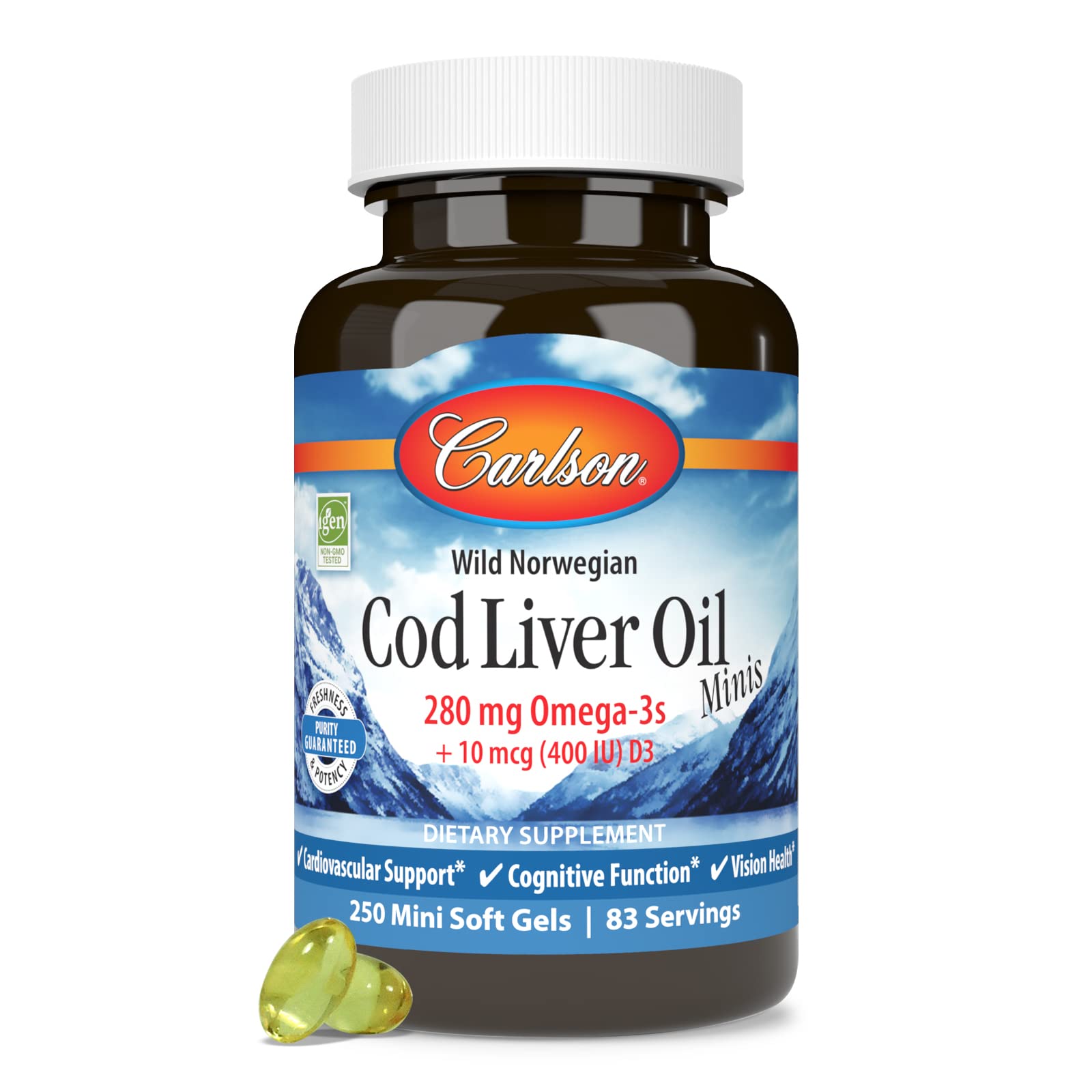 Carlson vitamines A et D3 visibles sur l’étiquette, usage quotidien recommandé.