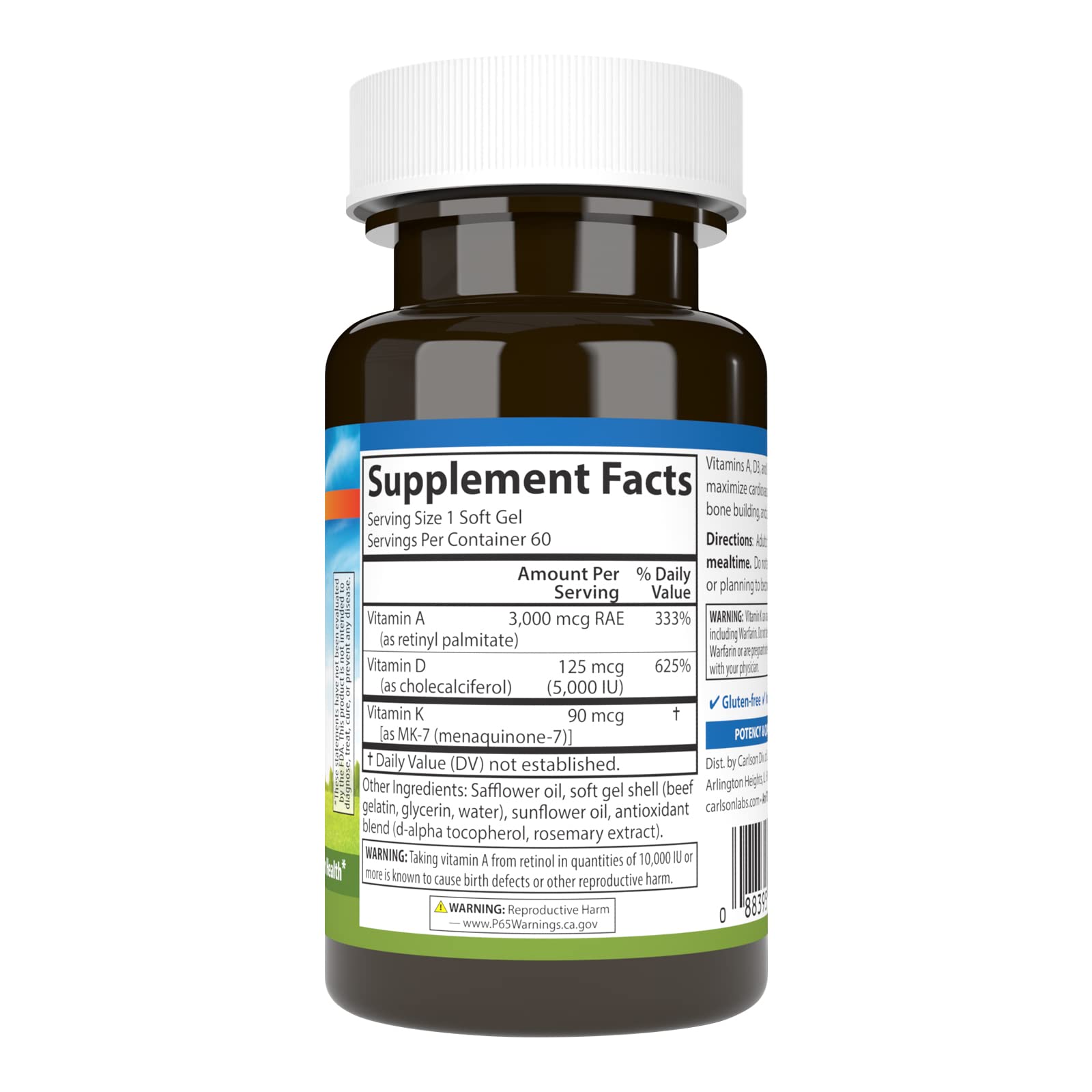 Carlson bouteille gélules A D3 K2, dosage pratique pour le calcium.