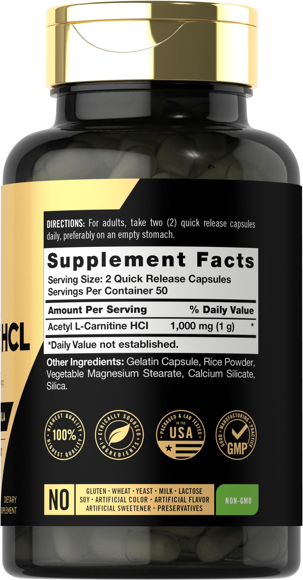 Étiquette Carlyle Acetyl L-Carnitine HCL montrant les spécifications sans gluten et sans OGM.