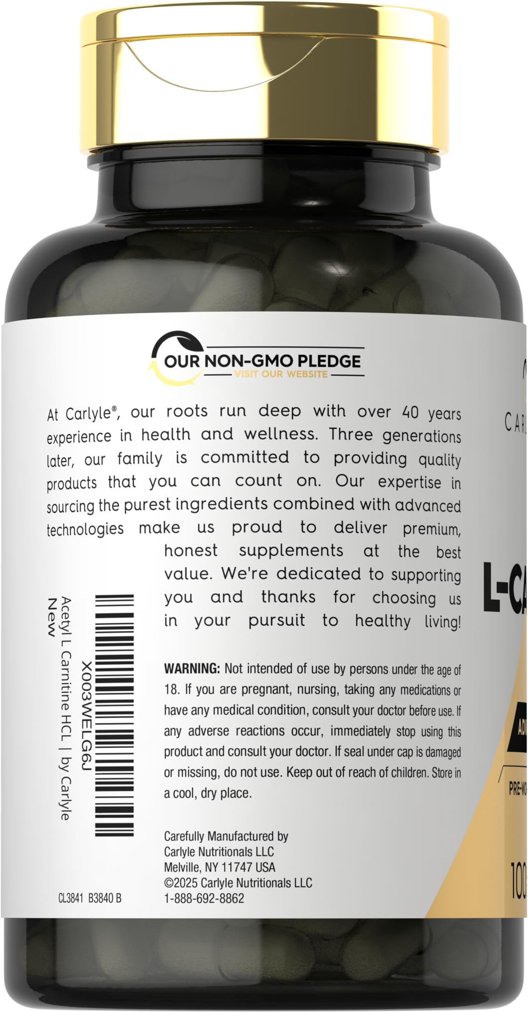 Gélules Carlyle Acetyl L-Carnitine HCL, faciles à avaler.