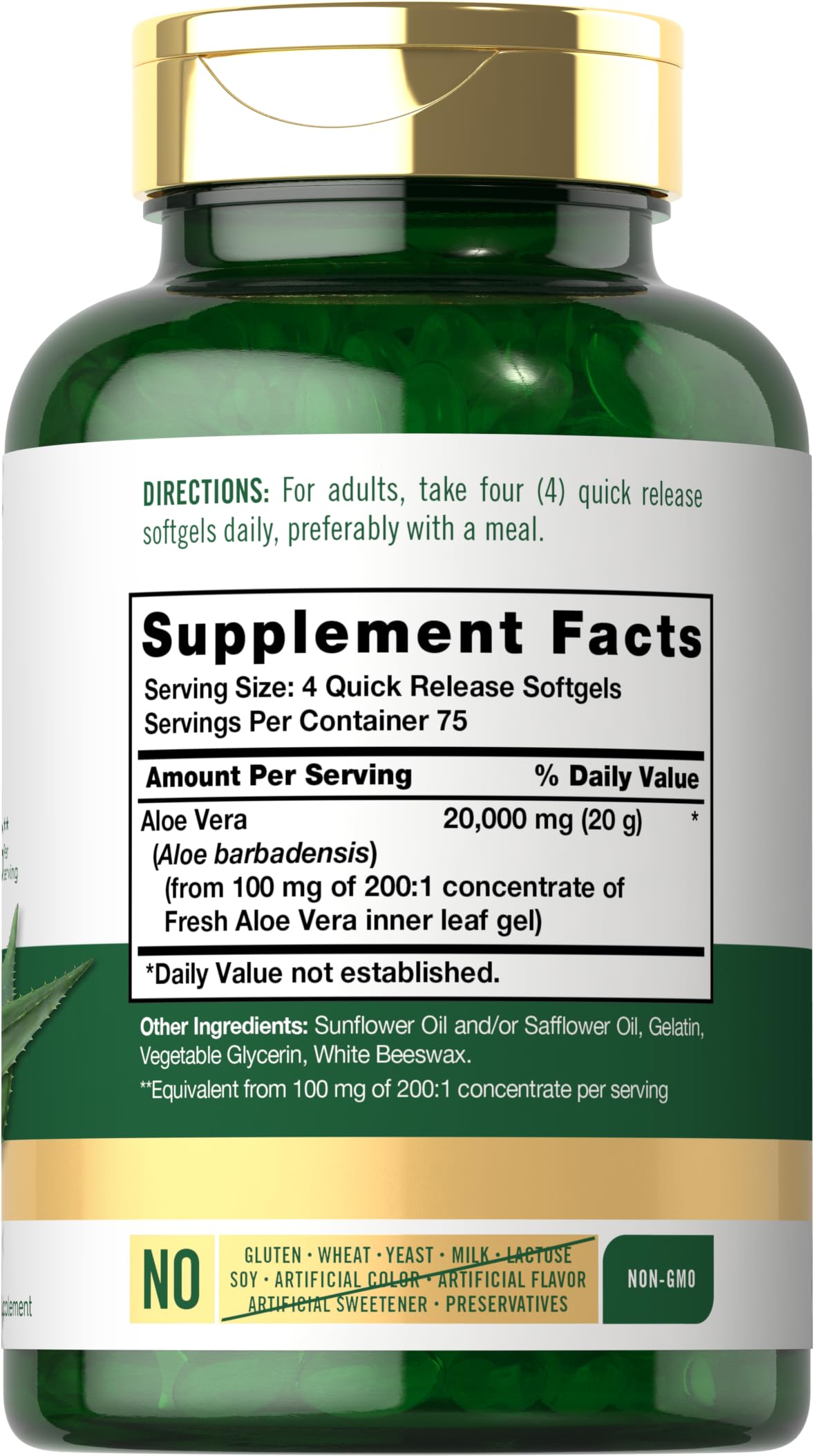 Carlyle gelules molles Aloe Vera — etiquette claire avec dosage et ingrédients.