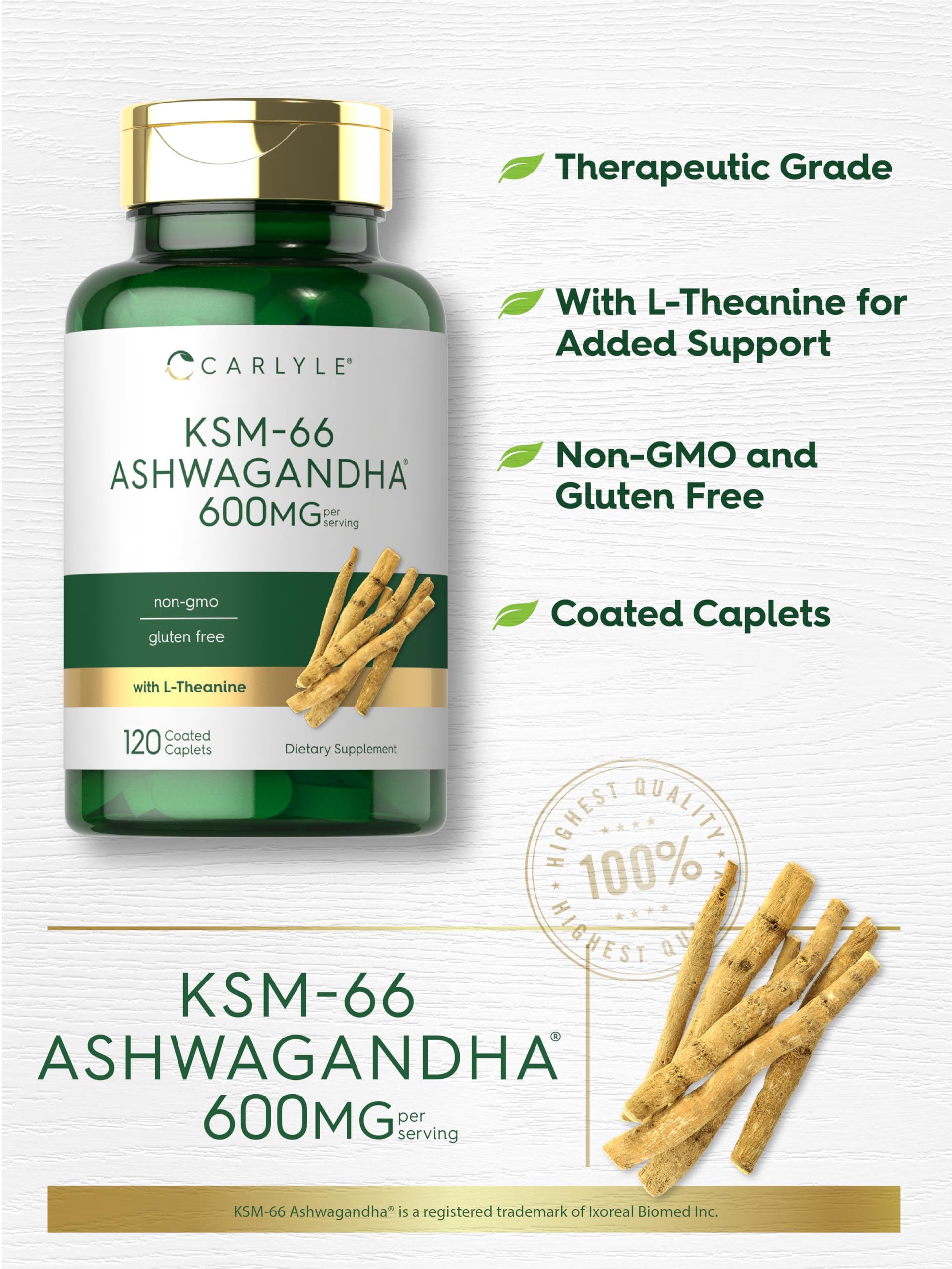 Bouteille Carlyle Ashwagandha avec label clair et promesse vegan.