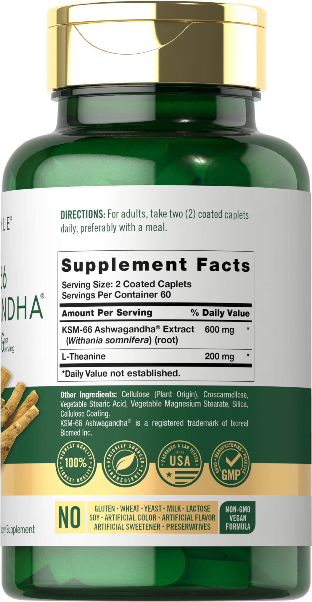 Caplets Carlyle Ashwagandha en gros plan, dosage clairement indiqué.