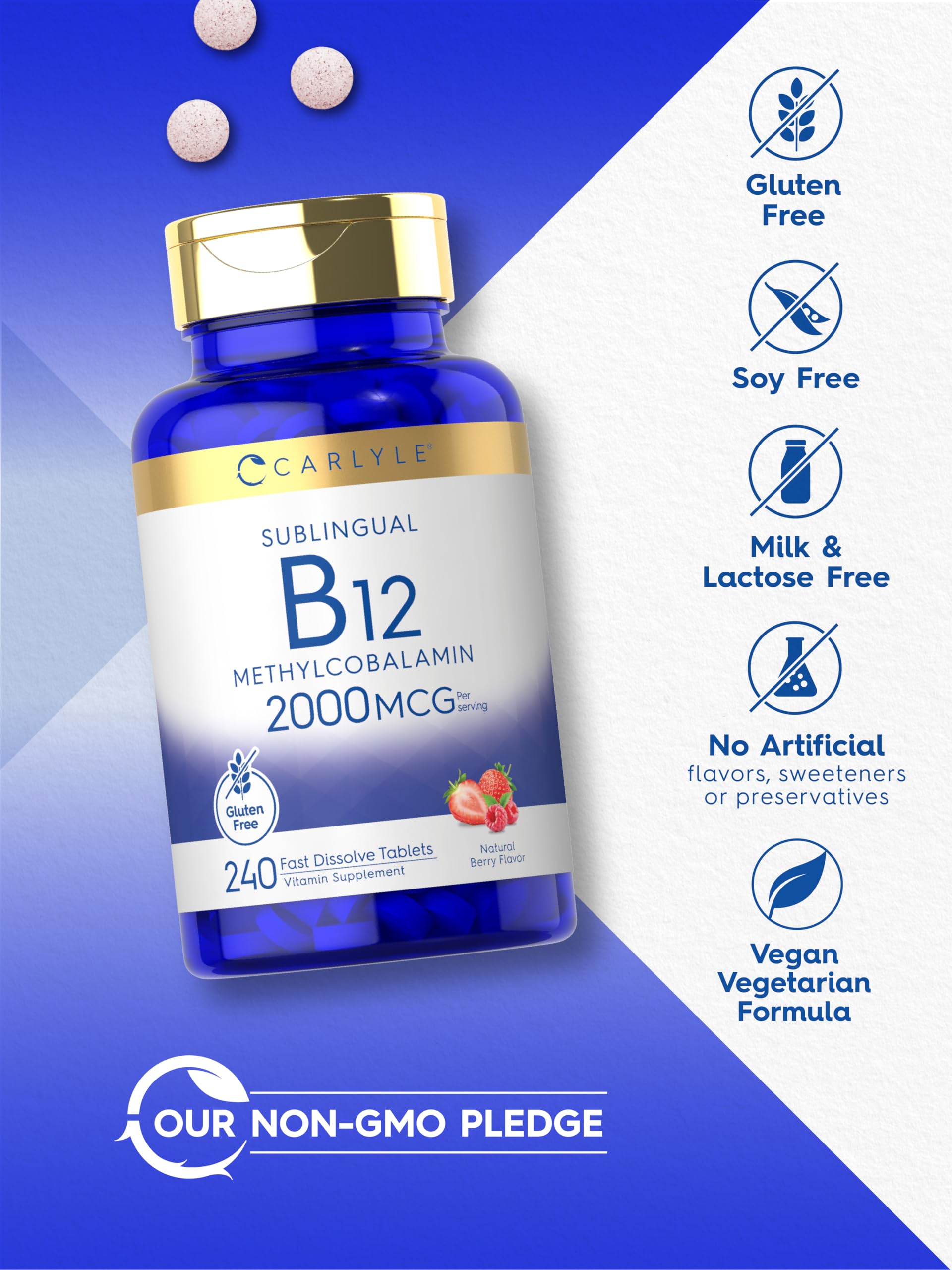 Mise en avant de la méthylcobalamine 2000 mcg sur l’emballage Carlyle B12.