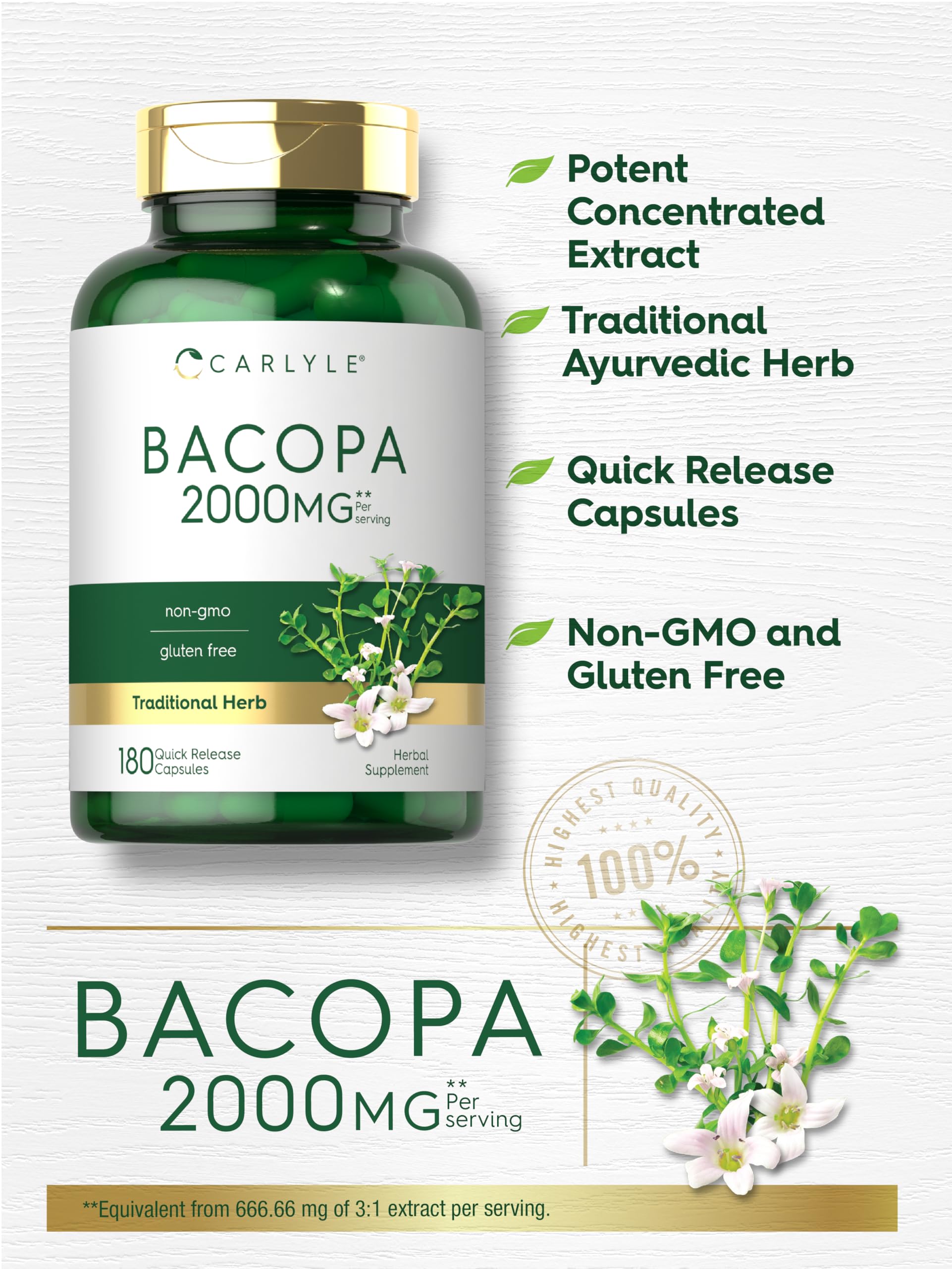 Étiquette Carlyle Bacopa Monnieri: ingrédients sans gluten et non-OGM