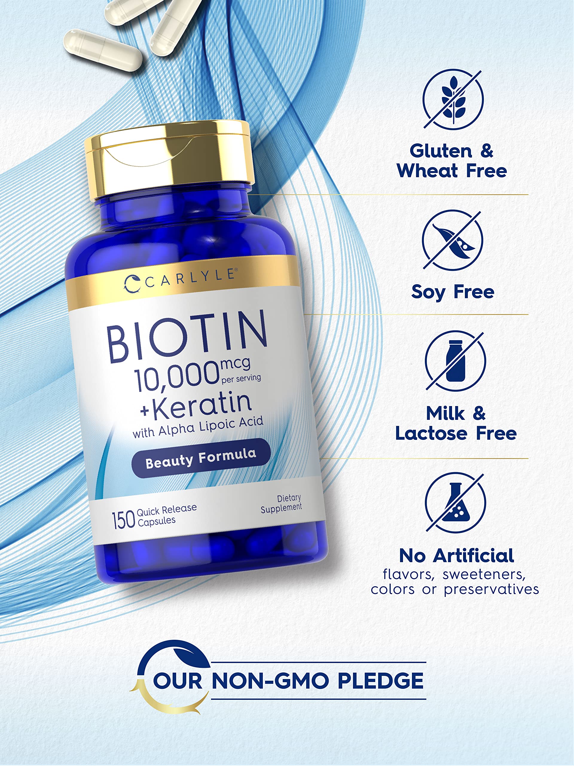Carlyle Biotine 10000mcg, boîte: sans gluten et sans lactose.