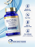 Carlyle Biotine 10000mcg, boîte: sans gluten et sans lactose.