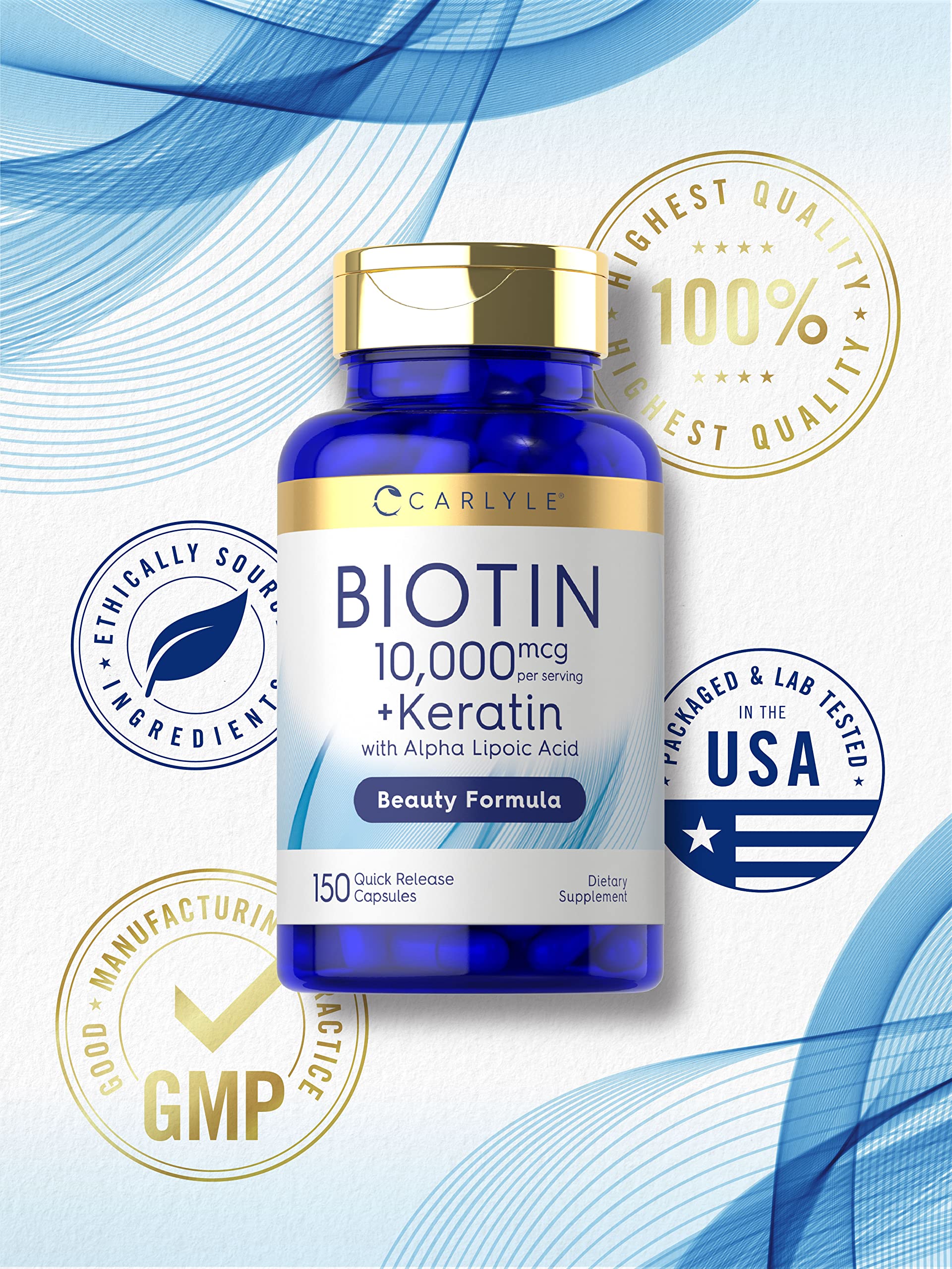 Carlyle Biotine 10000mcg, bouchon sécurité: dosage simple et sûr.