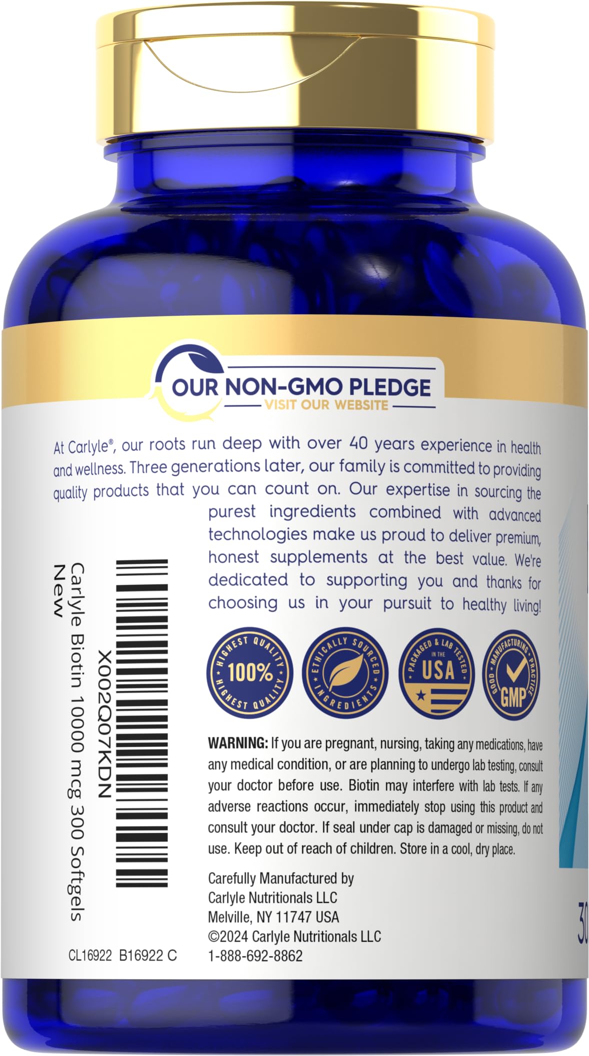 Étiquette Carlyle Biotin 10000mcg sans gluten et sans OGM