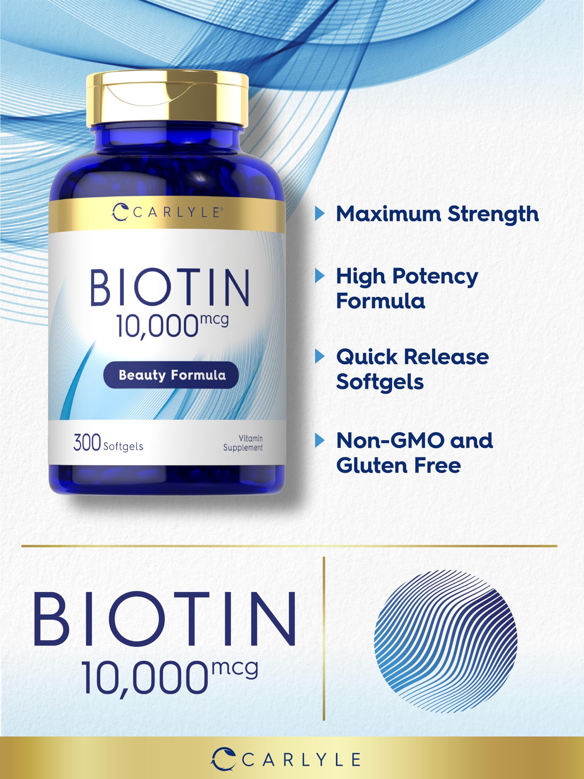 Étiquette Carlyle Biotin 10000mcg sans OGM et sans allergènes majeurs