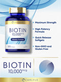 Étiquette Carlyle Biotin 10000mcg sans OGM et sans allergènes majeurs