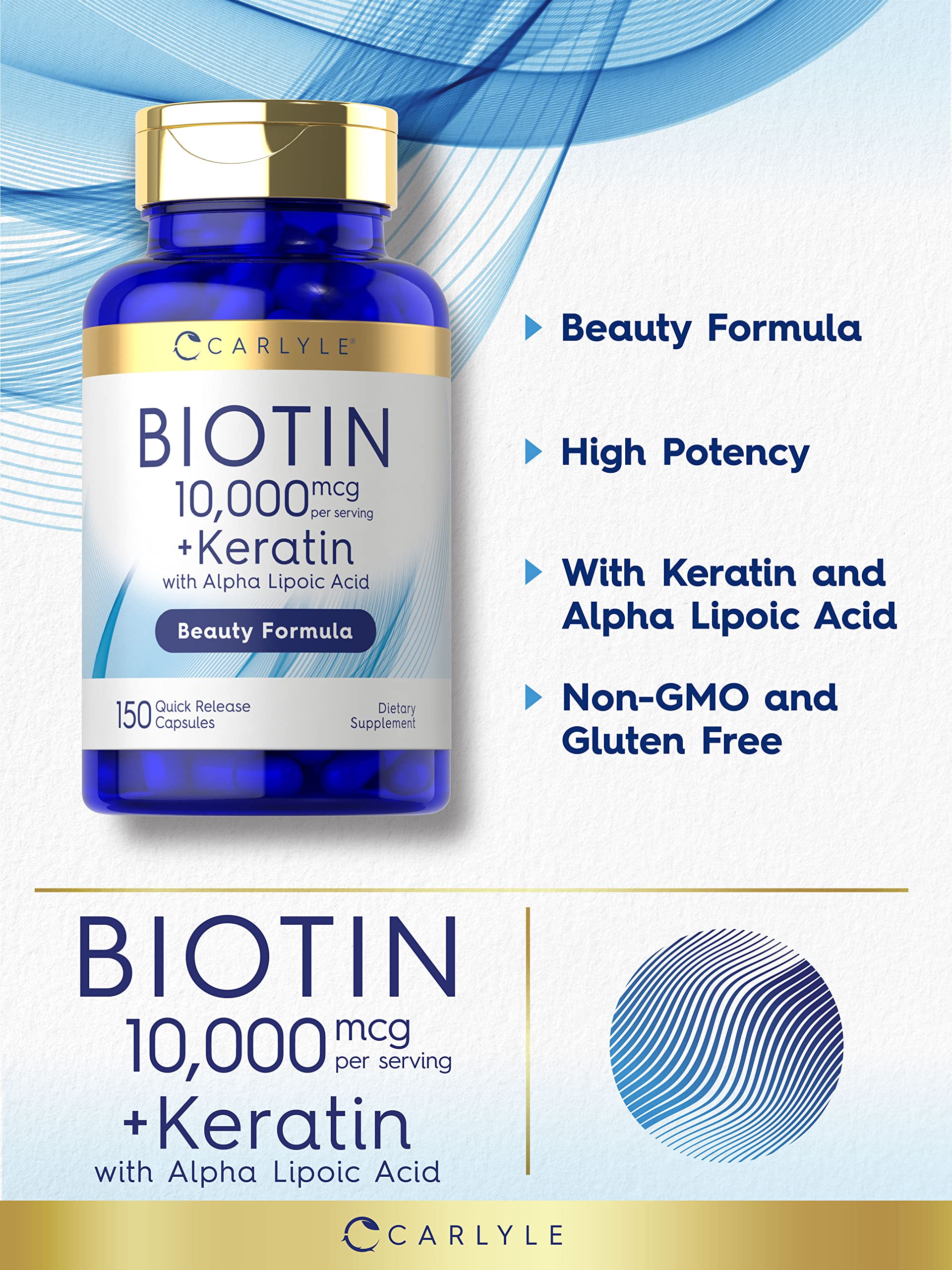 Carlyle Biotine 10000mcg, étiquette: informations claires et fiables sur le produit.
