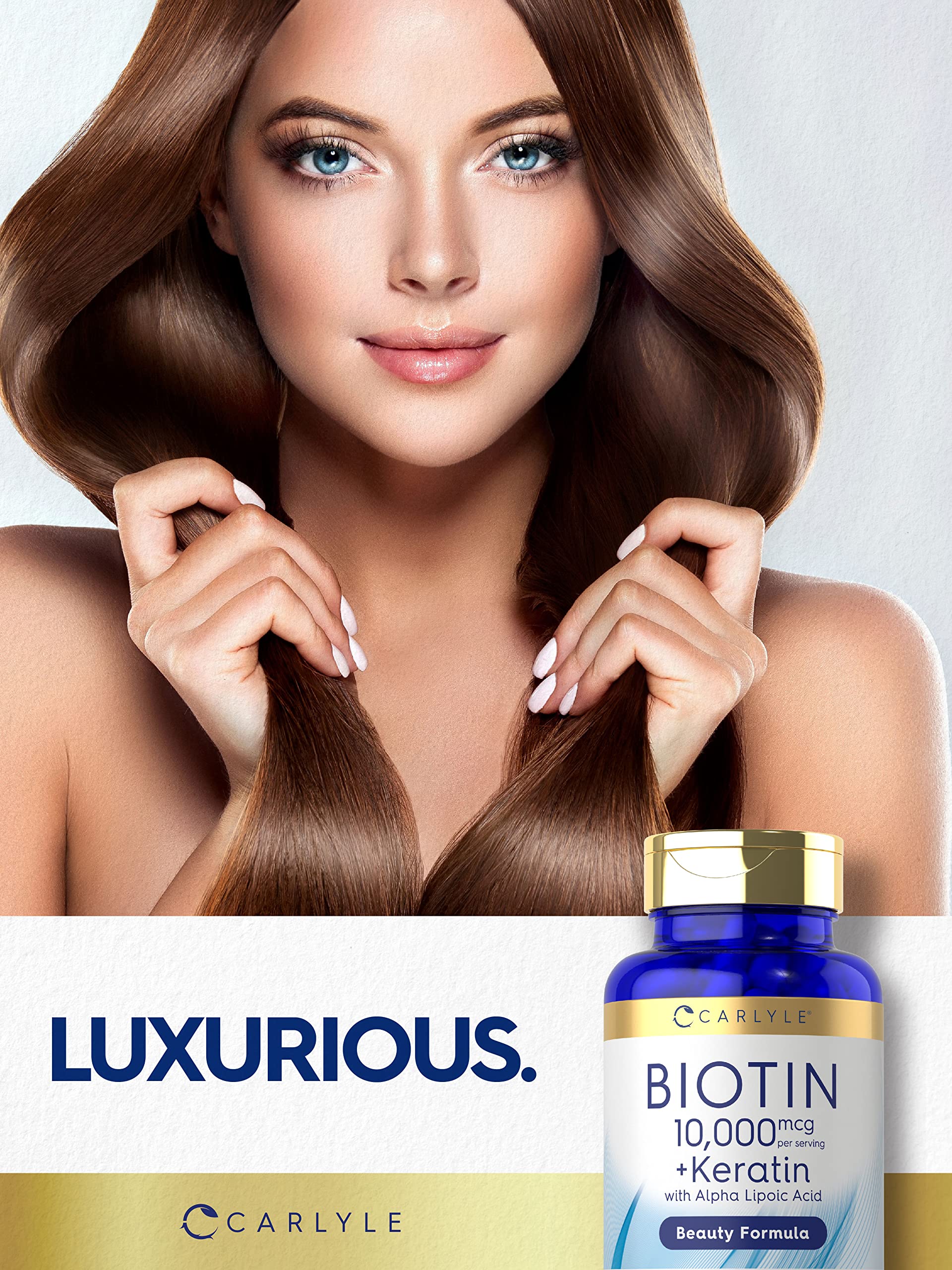 Carlyle Biotine 10000mcg, emballage: qualité supérieure et ingrédients contrôlés.