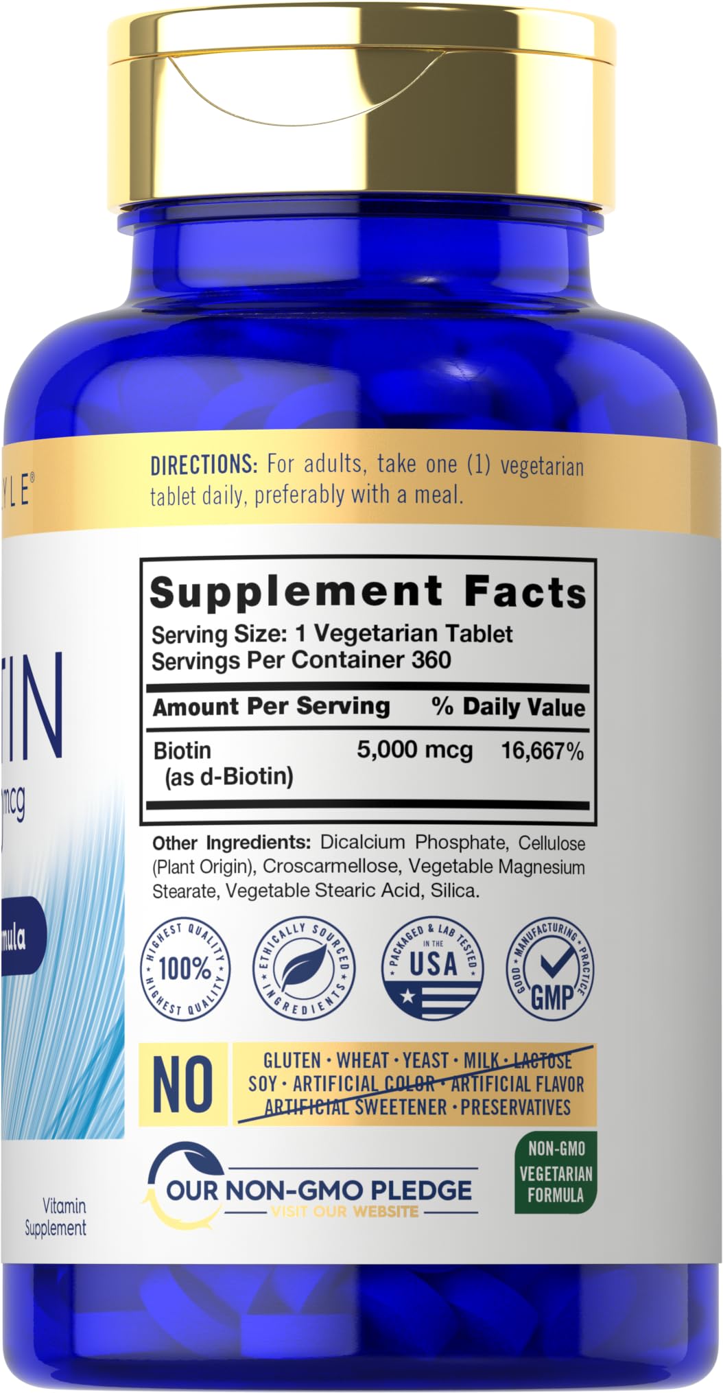 Comprimés végétariens Carlyle Biotine 5000 mcg, format pratique et facile à avaler.