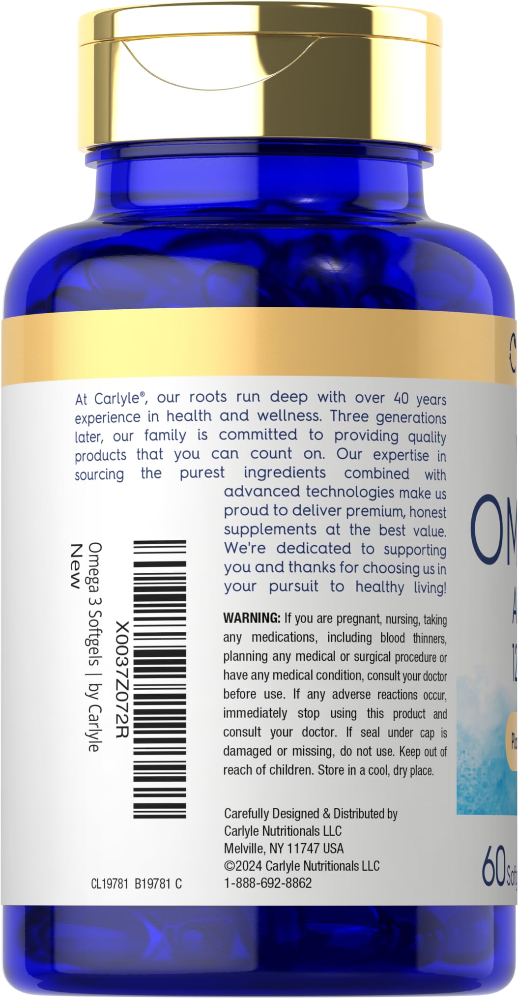 Carlyle Omega-3 végane: bouteille pratique pour des compléments quotidiens sans gluten.