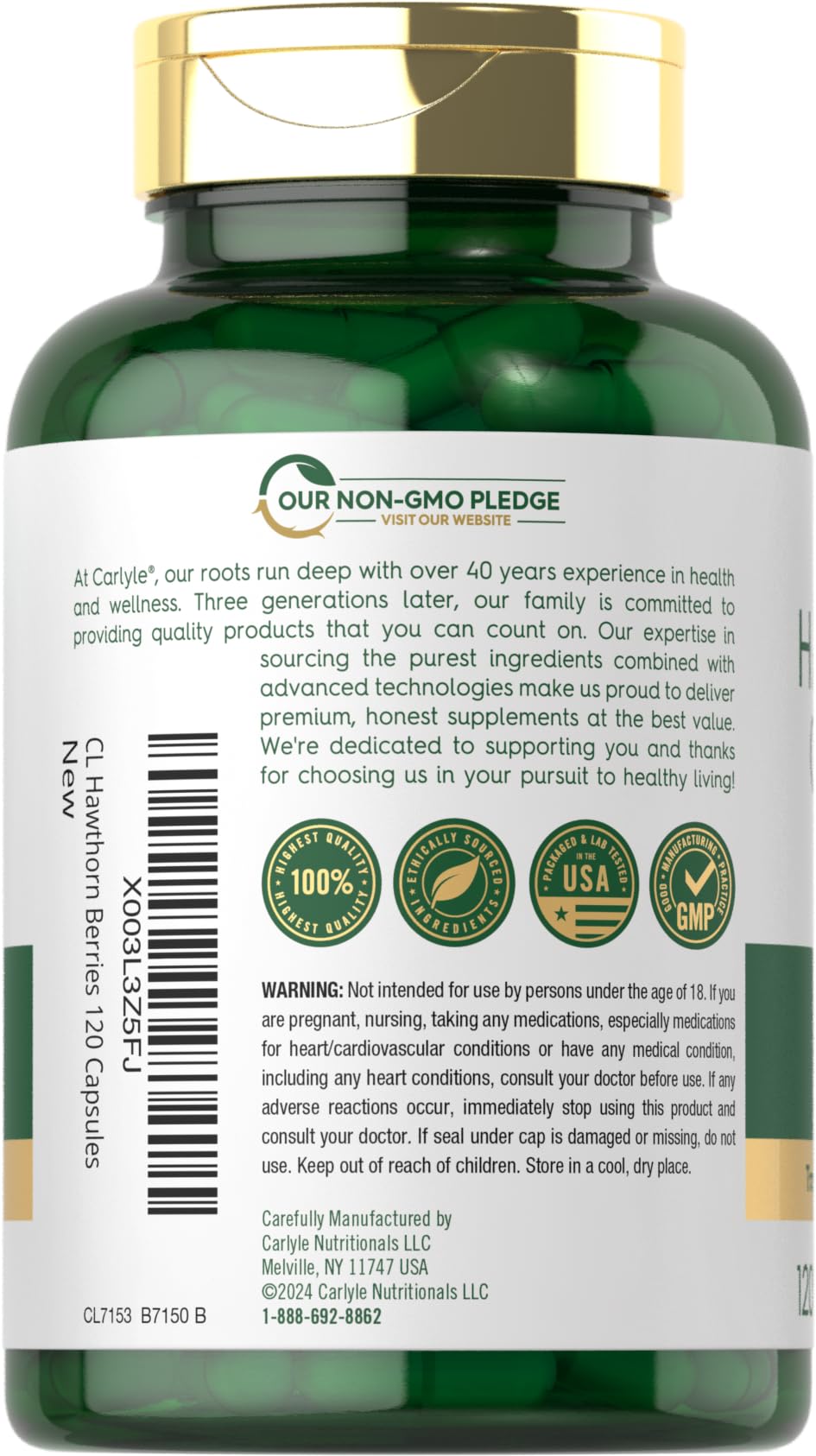 Bouteille Carlyle Aubépine 120 capsules : format pratique pour le quotidien.