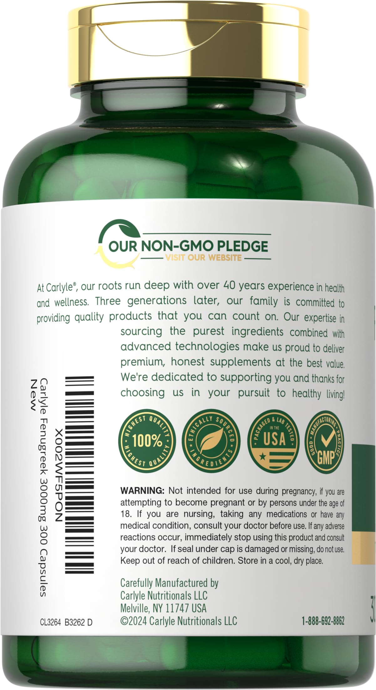 Carlyle Fenugrec – bouteille claire montrant le produit sans gluten et sans OGM