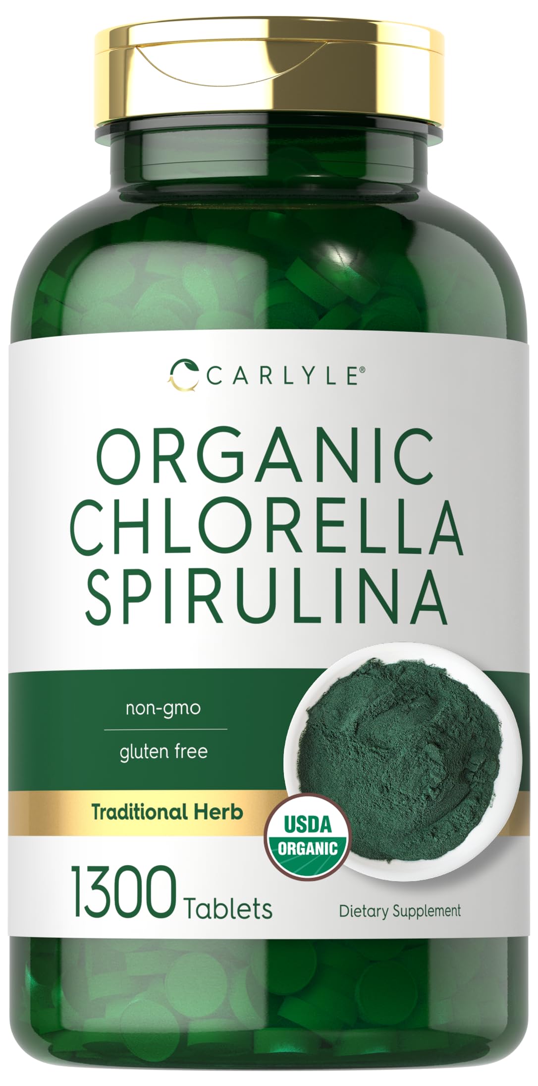Carlyle: bouteille de tablettes chlorella et spiruline, intégration facile à votre routine.