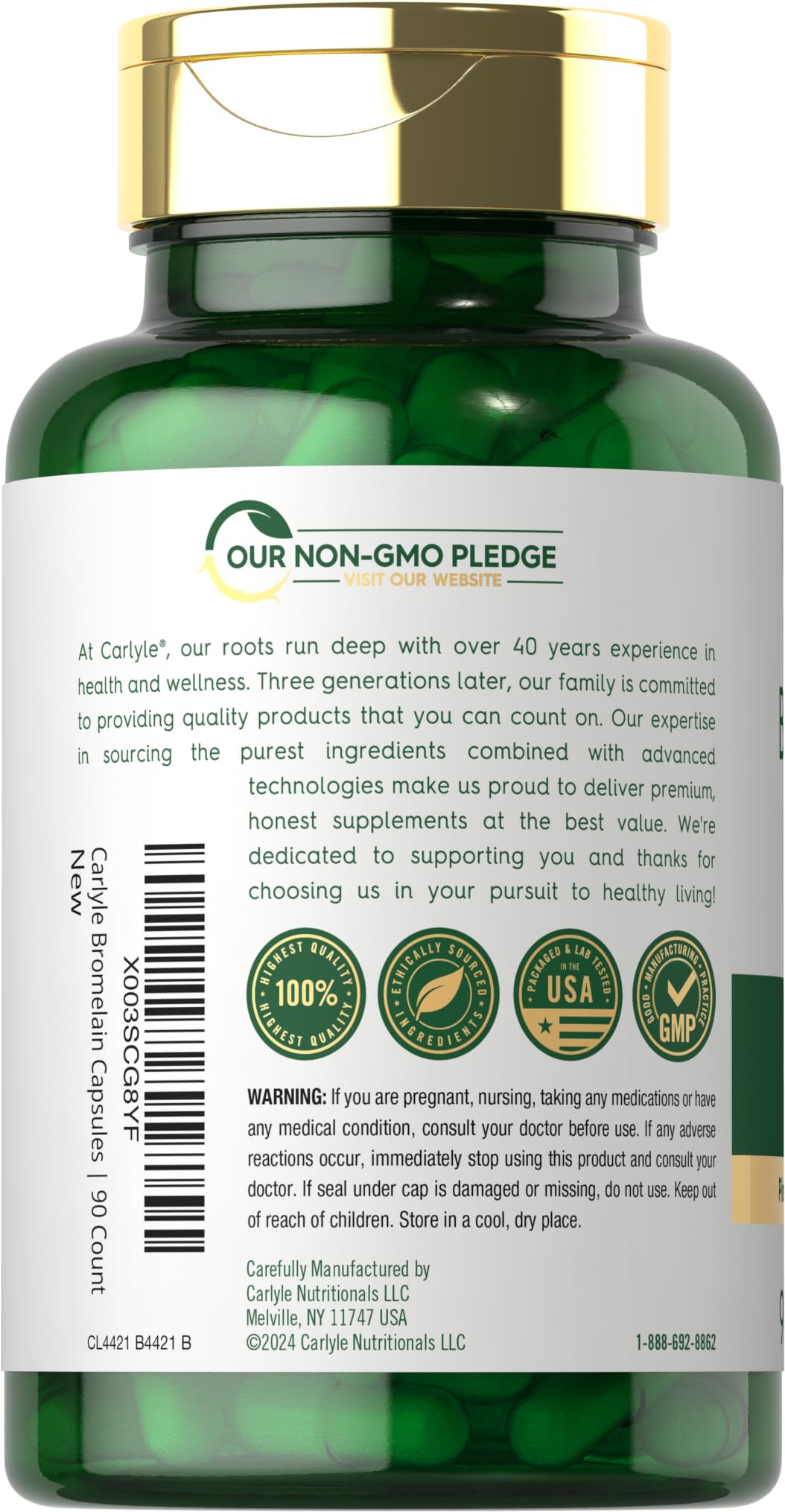 Carlyle Bromélaïne 1700 mg — étiquette, sans gluten et sans OGM.