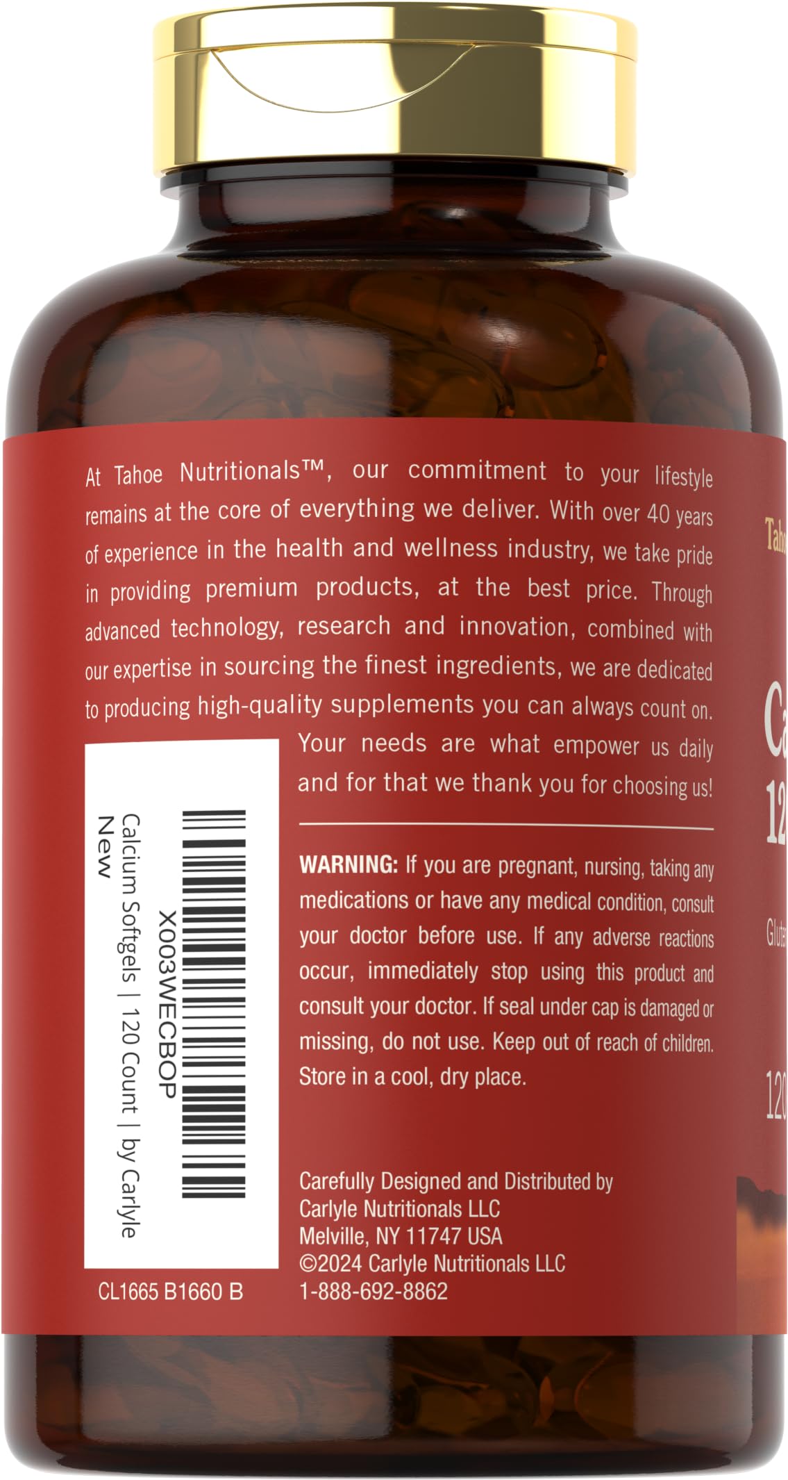 Étiquette nutritionnelle Carlyle Calcium 1200 mg D3 avec informations.