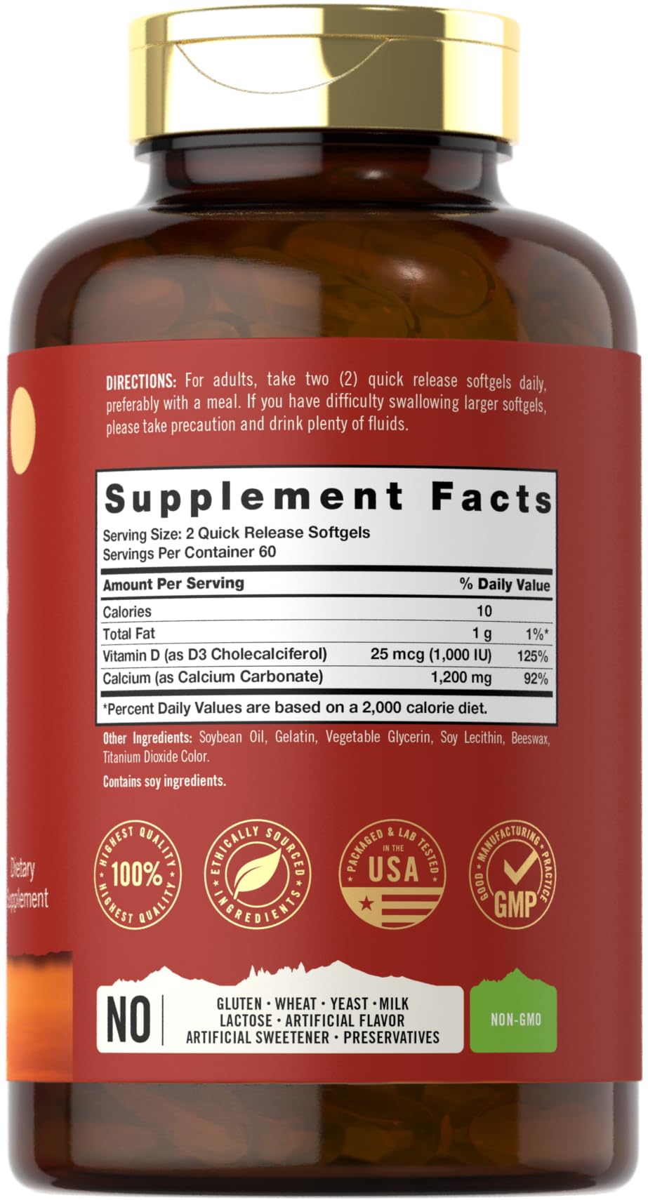 Gros plan sur les gélules molles Carlyle Calcium 1200 mg et D3.