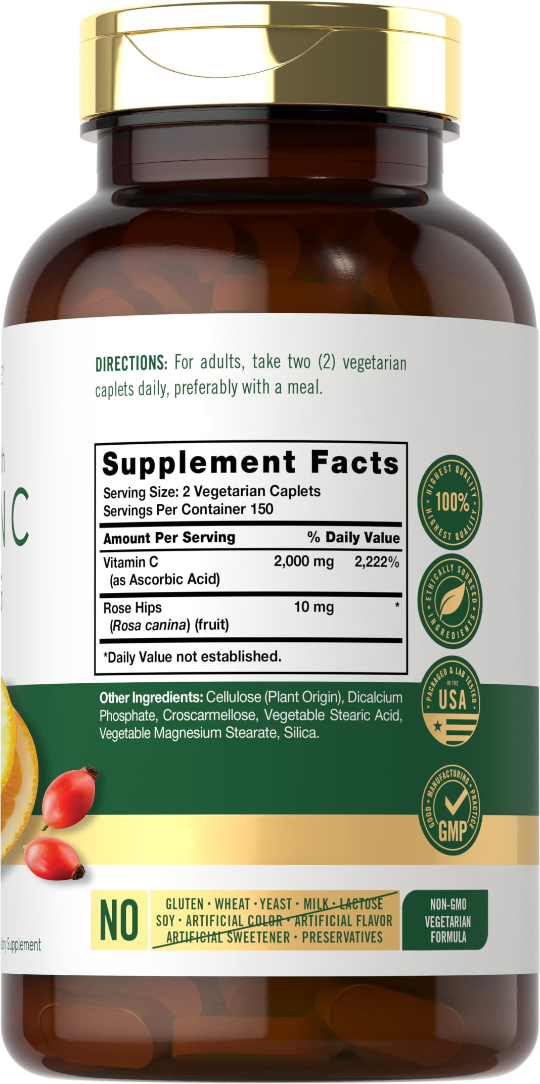 Caplets végétariens Carlyle vitamine C avec cynorrhodon, étiquette claire et ingrédients de qualité
