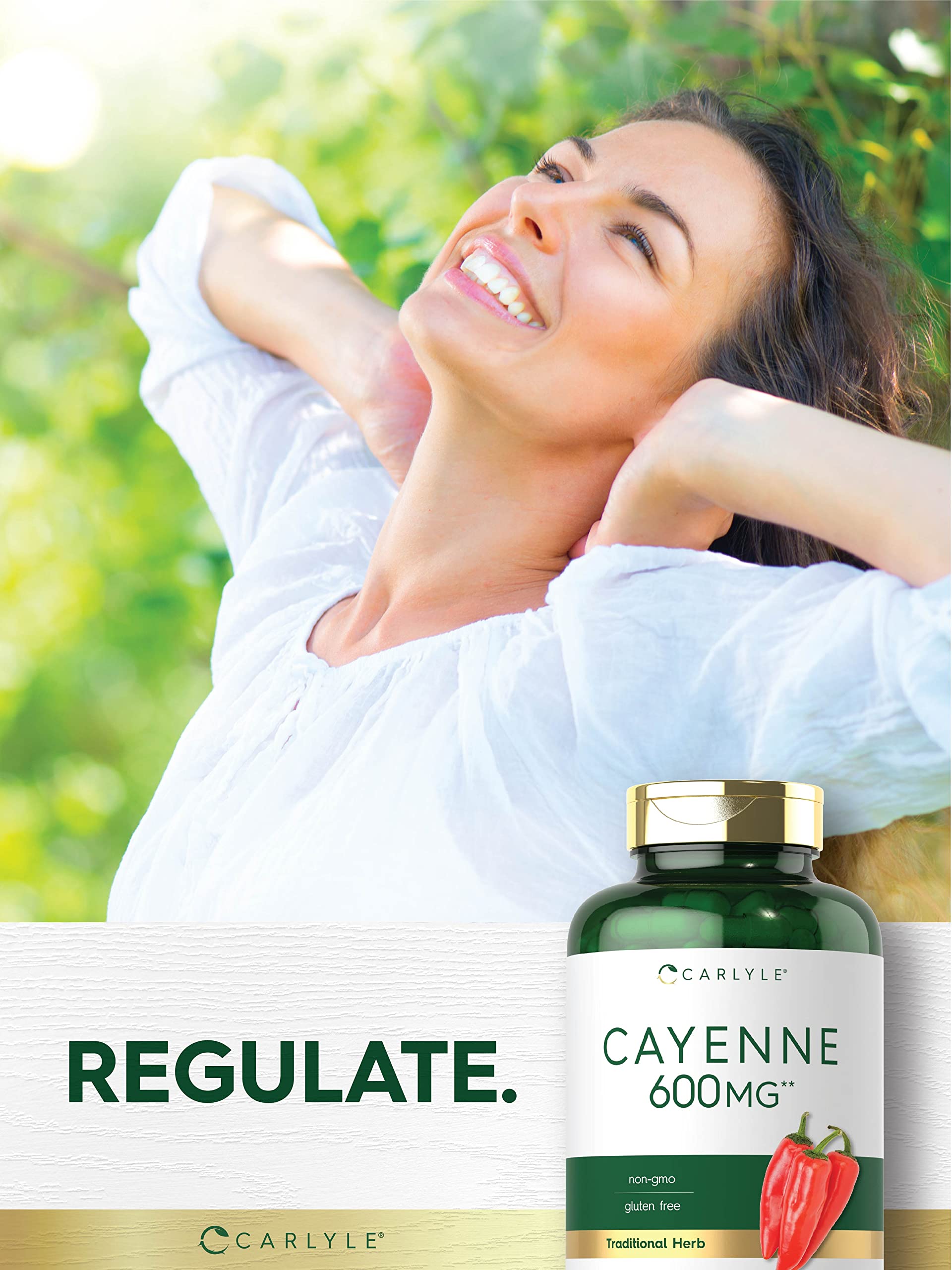 Capsules Carlyle Cayenne, sans gluten et sans OGM, adaptées à une utilisation quotidienne.