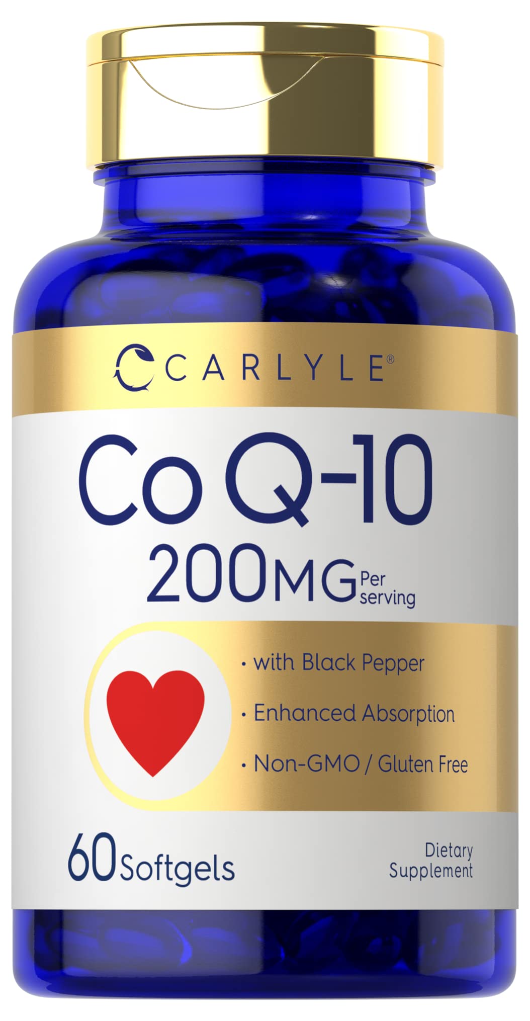 Carlyle CoQ10 200 mg en gélules, bouteille, favorise une absorption potentialisée par le poivre noir