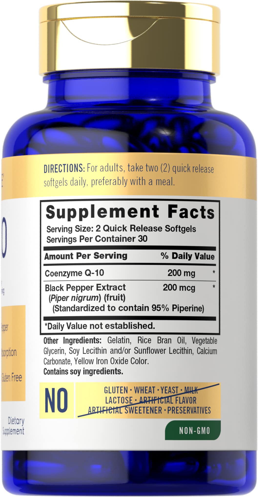 Étiquette Carlyle CoQ10 200 mg, symbole de pureté et sans OGM ni gluten