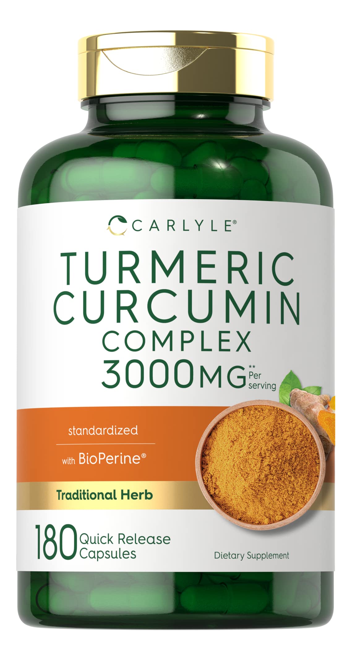 Carlyle curcuminoïdes curcuma, bouteille avant: présentation claire du complément bien-être.