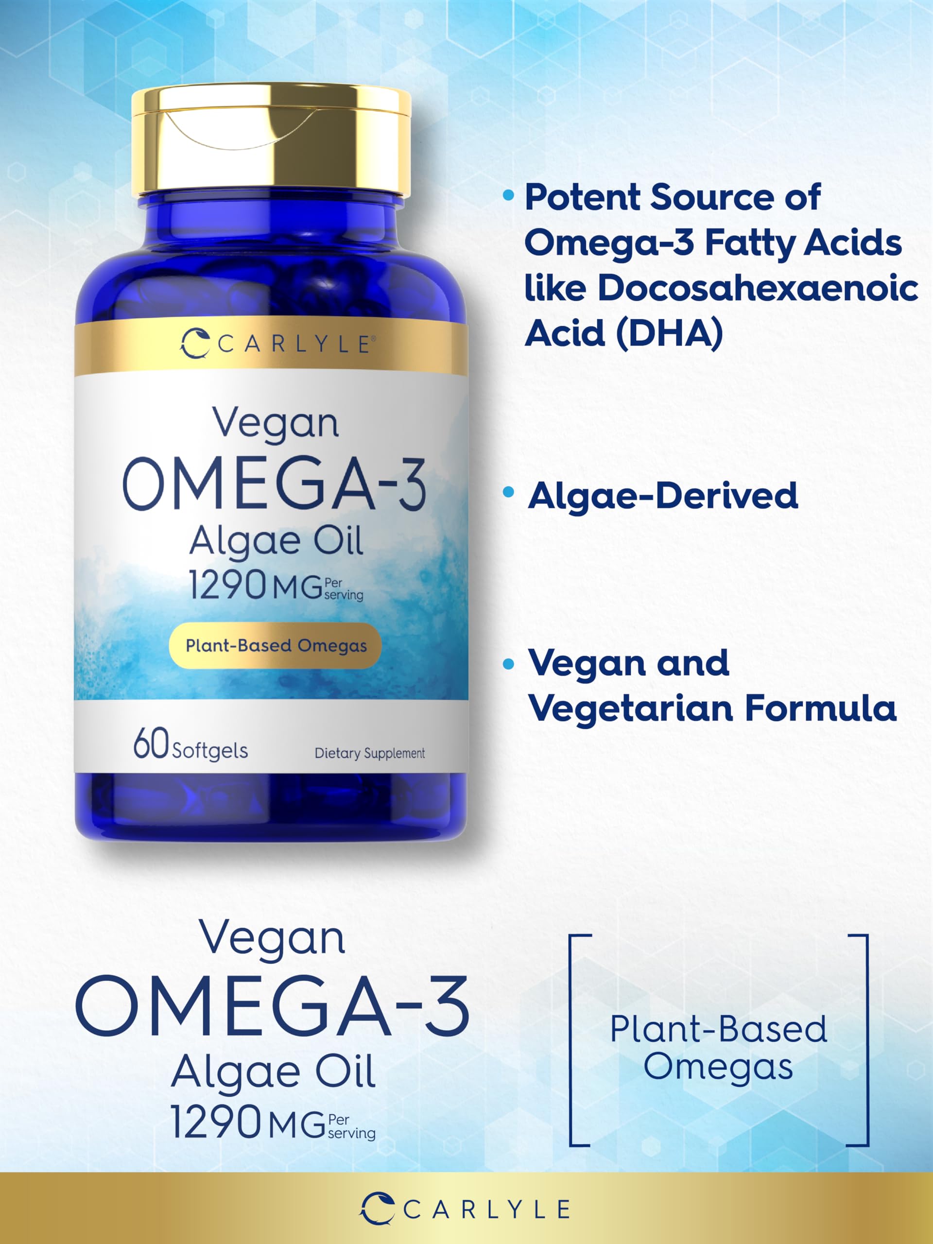 Carlyle Omega-3 végane: étiquette sans OGM et sans gluten, qualité vérifiée en laboratoire.