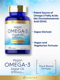 Carlyle Omega-3 végane: étiquette sans OGM et sans gluten, qualité vérifiée en laboratoire.